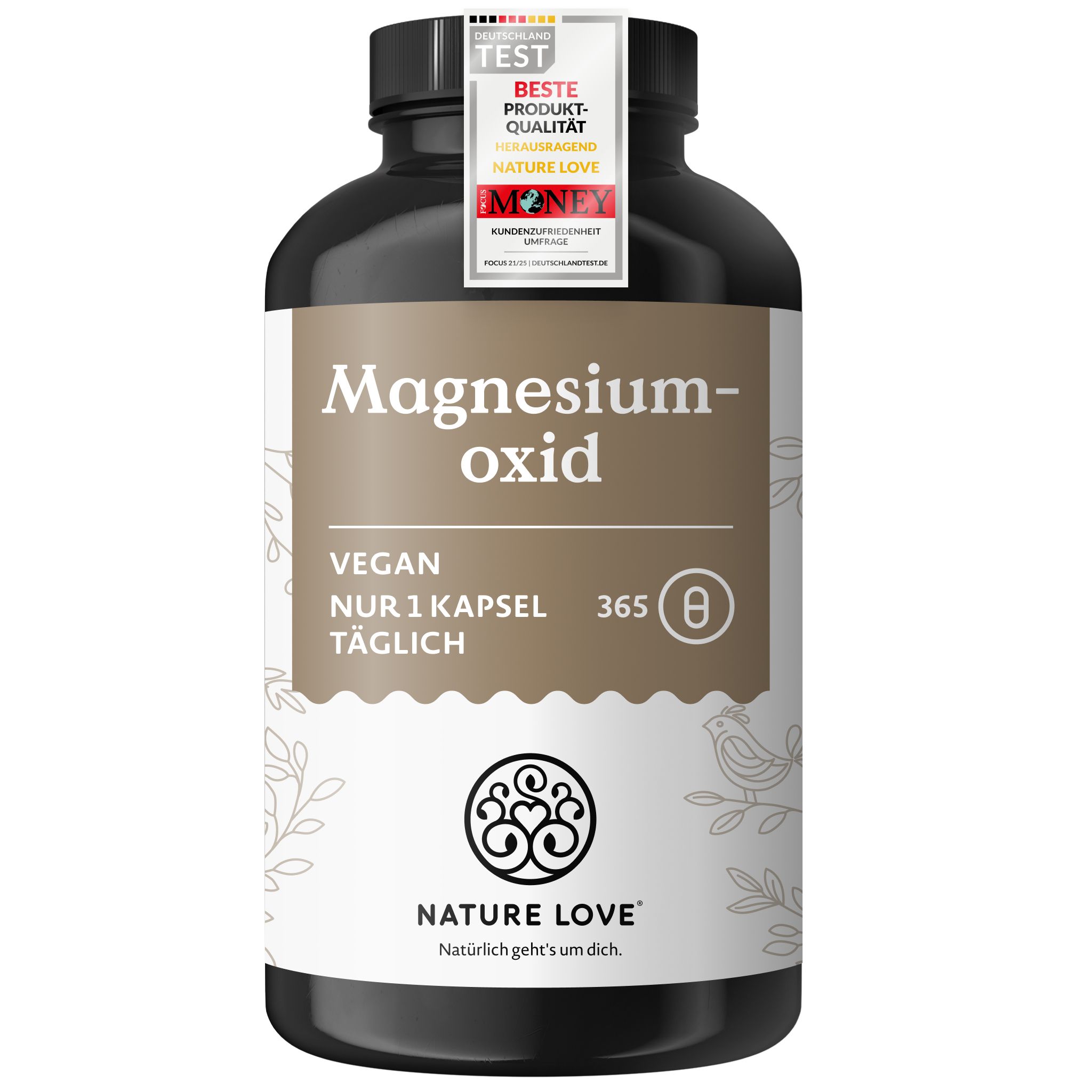 Dunkler Behälter mit Magnesiumoxid-Kapseln, Siegel: Beste Produkt-Qualität.