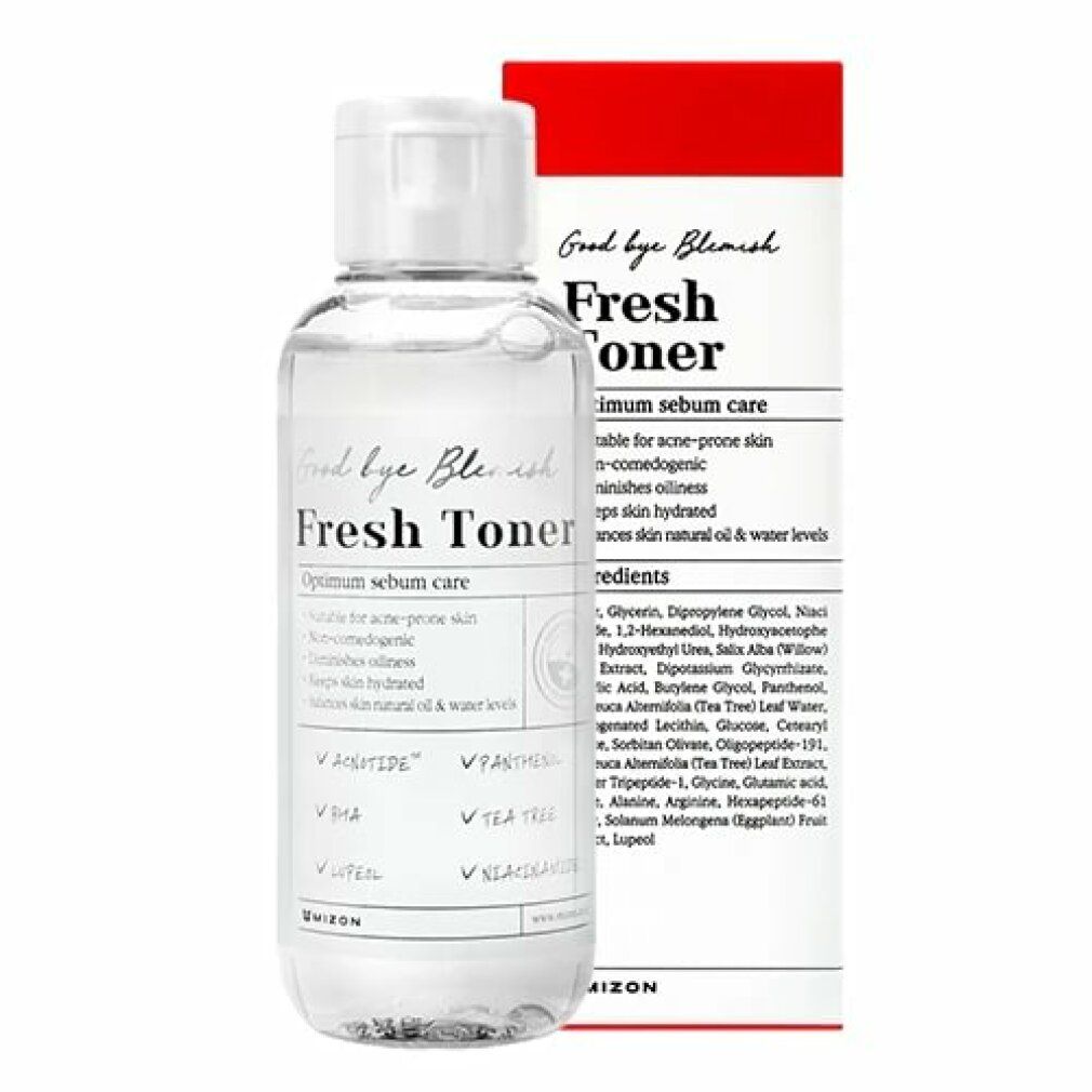 Klare Flasche mit weißem Deckel und roter Verpackung. Aufschrift: Fresh Toner. Enthält Inhaltsstoffe wie Wasser und Glycerin.