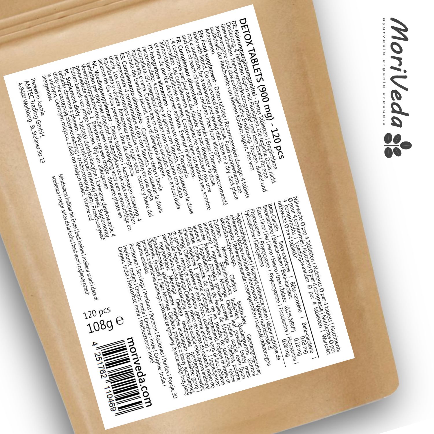 Beutel mit Aufschrift "DETOX TABLETS (900 mg)". Enthält 120 Tabletten. Marke: MoriVeda. Braune Verpackung mit Text.
