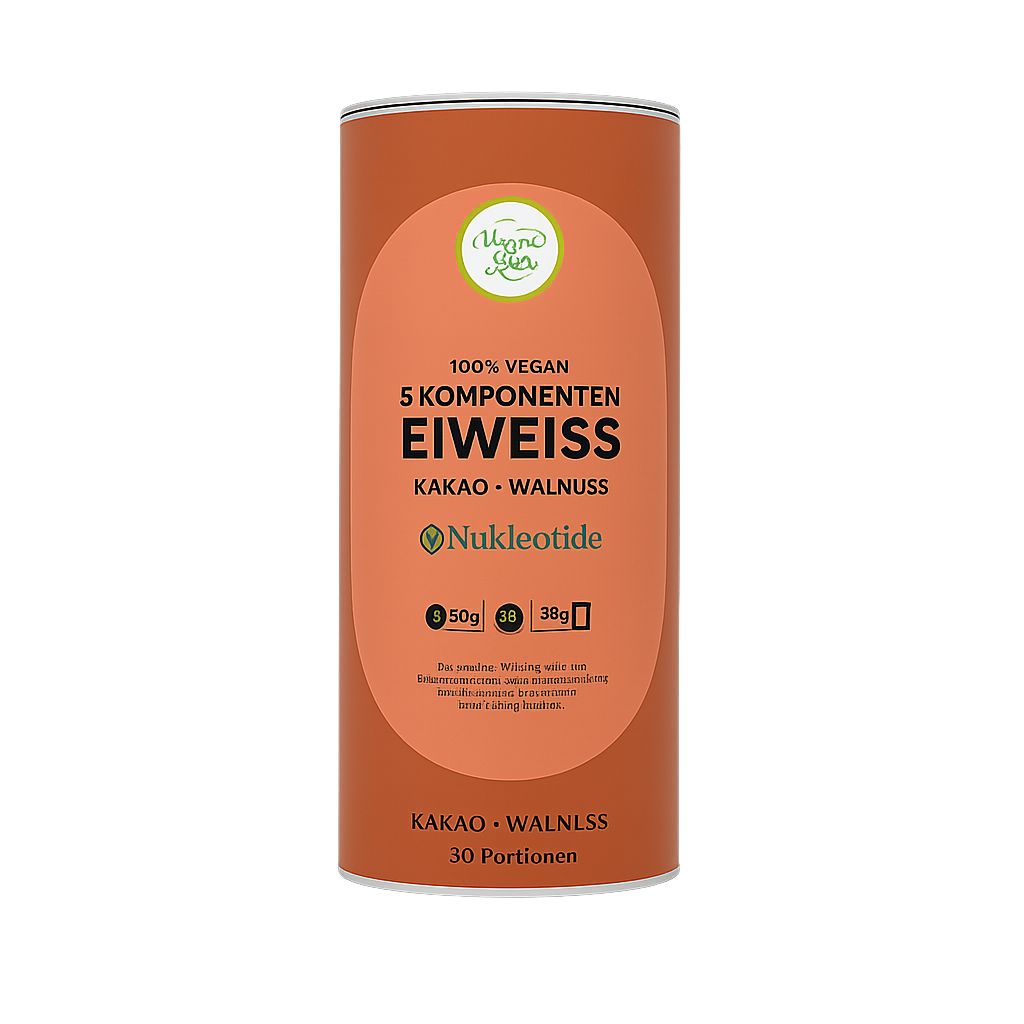 Braune Dose mit weißem Etikett. Text: 100% vegan, 5 Komponenten Eiweiß, Kakao-Walnuss, Nukleotide. Logo: Vegana Natura. 38g, 50g.