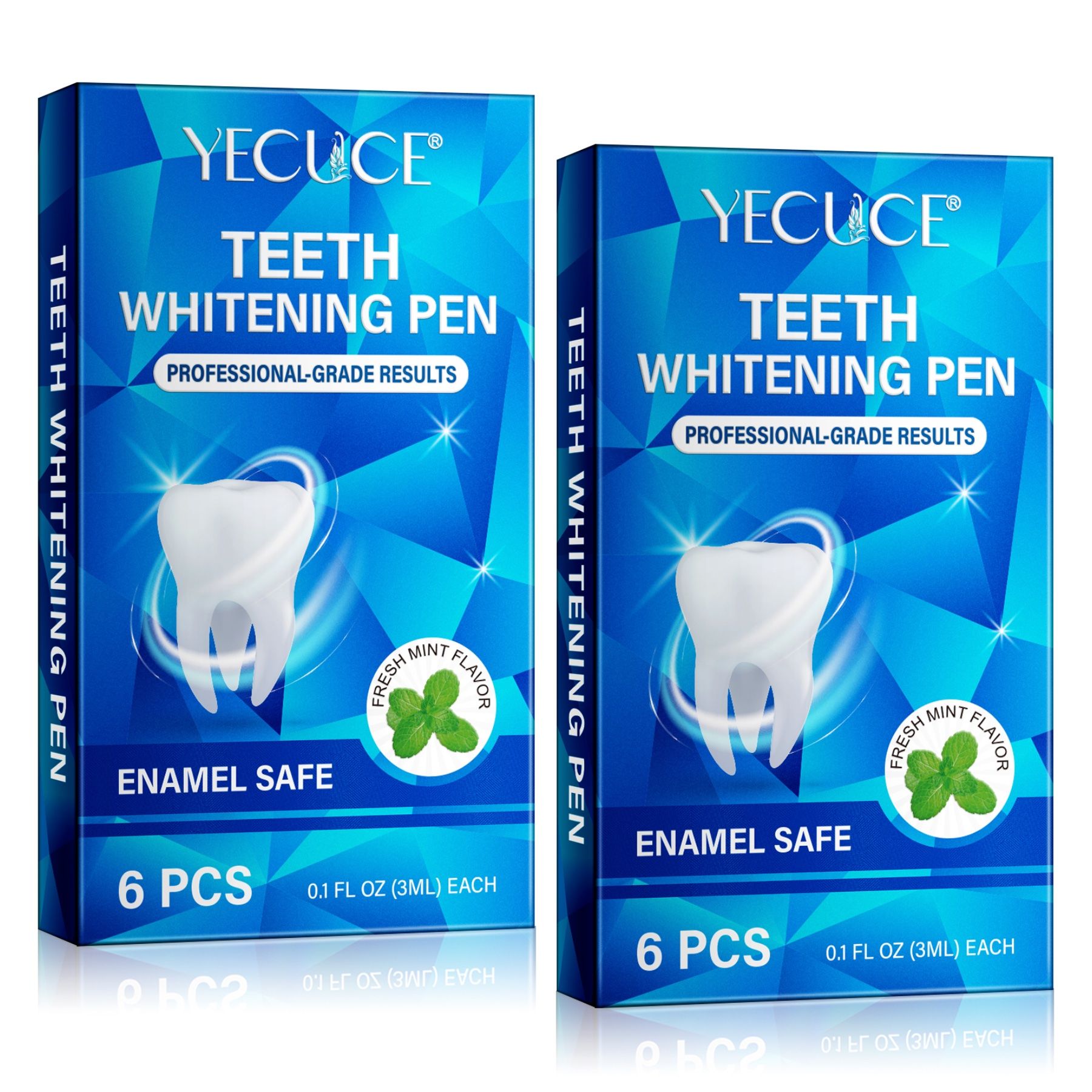 Zwei blaue Kartons mit "TEETH WHITENING PEN". Enthält 6 Stifte. Mit Zahn- und Minzblatt-Grafik.