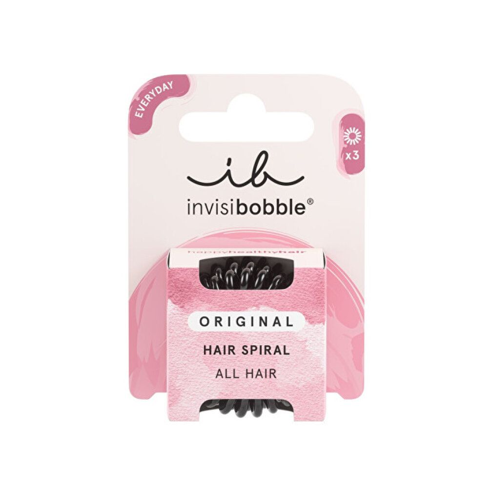Verpackung mit drei schwarzen Haargummis in Spiralform. Marke 'invisibobble'. Produktname 'ORIGINAL HAIR SPIRAL'.