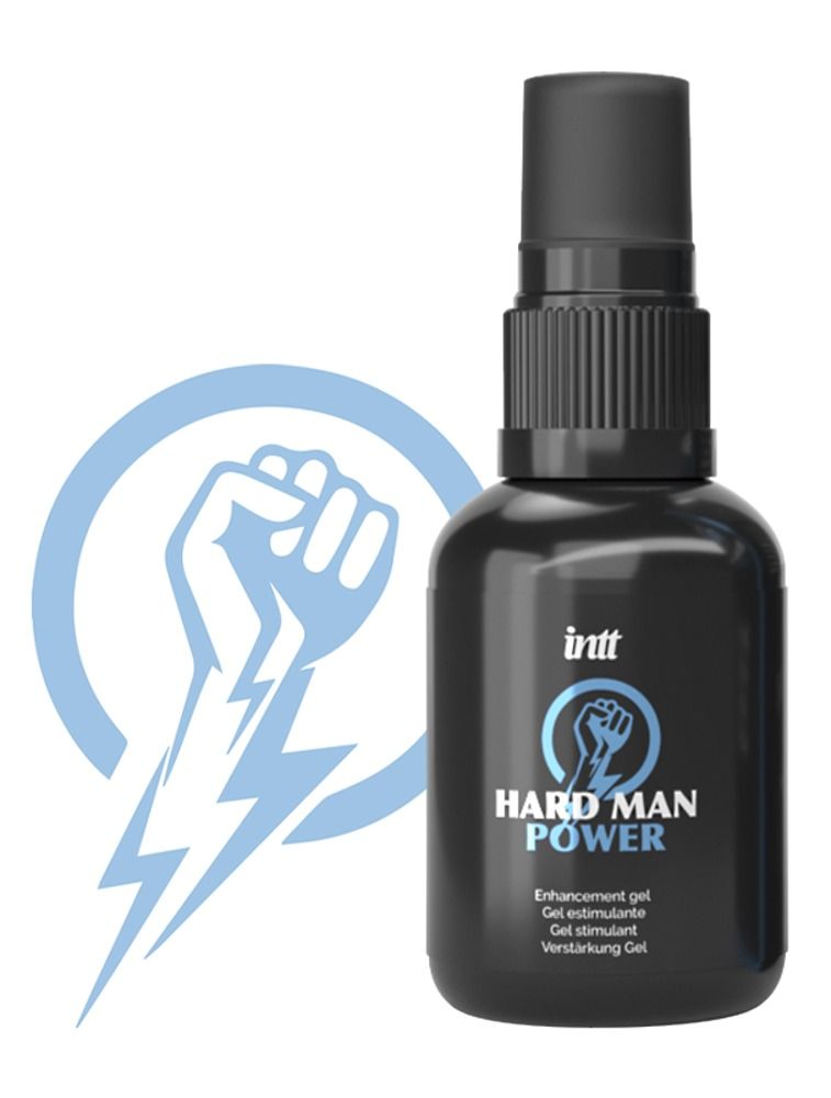 Schwarze Sprühflasche 'Hard Man Power' neben seiner Verpackung.