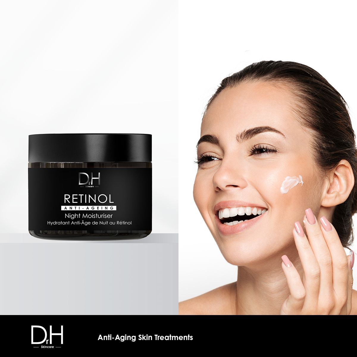 Frau mit Creme auf der Wange. Schwarzer Tiegel mit 'Retinol Anti-Ageing Night Moisturiser'. Marke: D.H. Skincare.