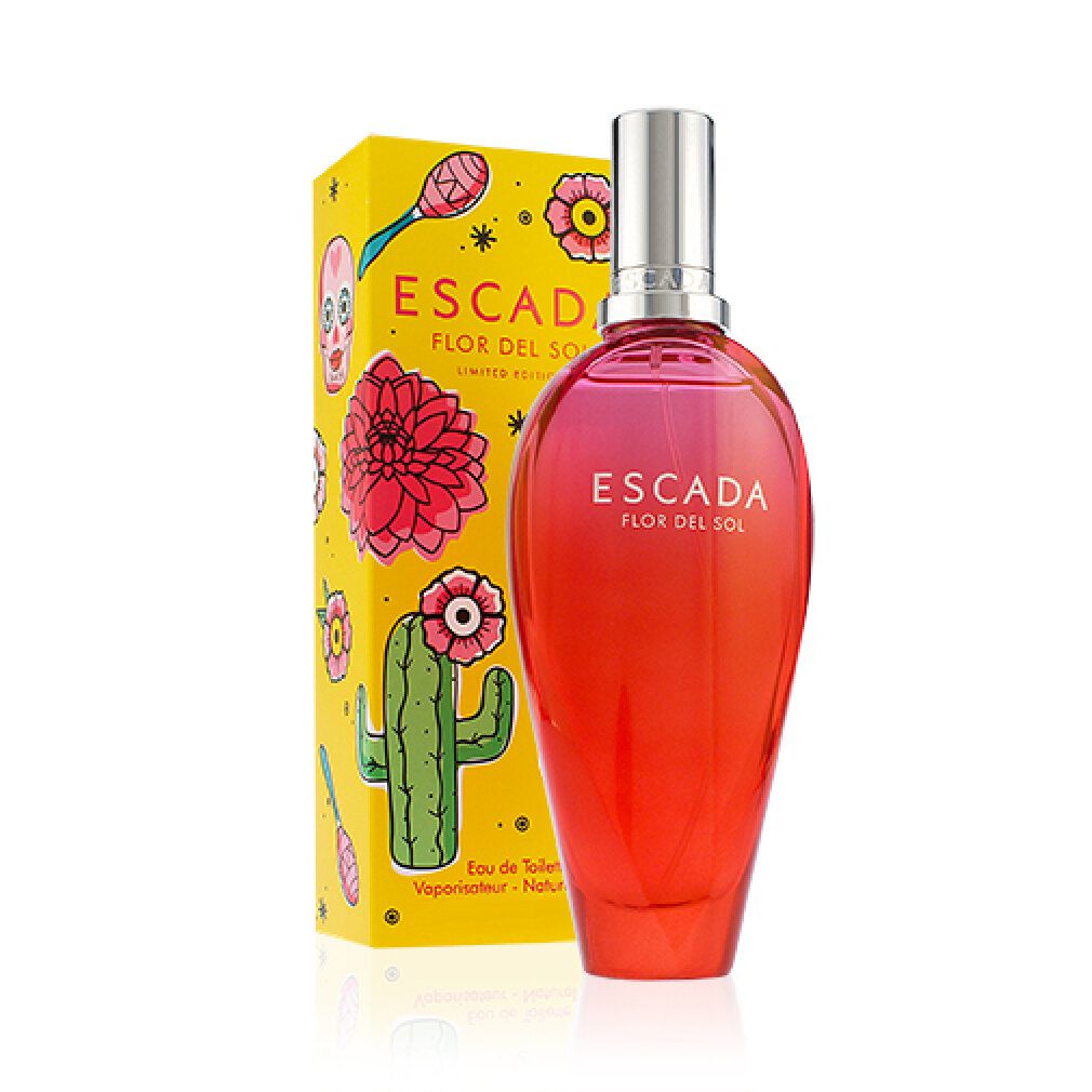 Rosa-roter Flakon neben gelber Schachtel. Aufschrift: ESCADA FLOR DEL SOL. Schachtel mit Illustrationen.