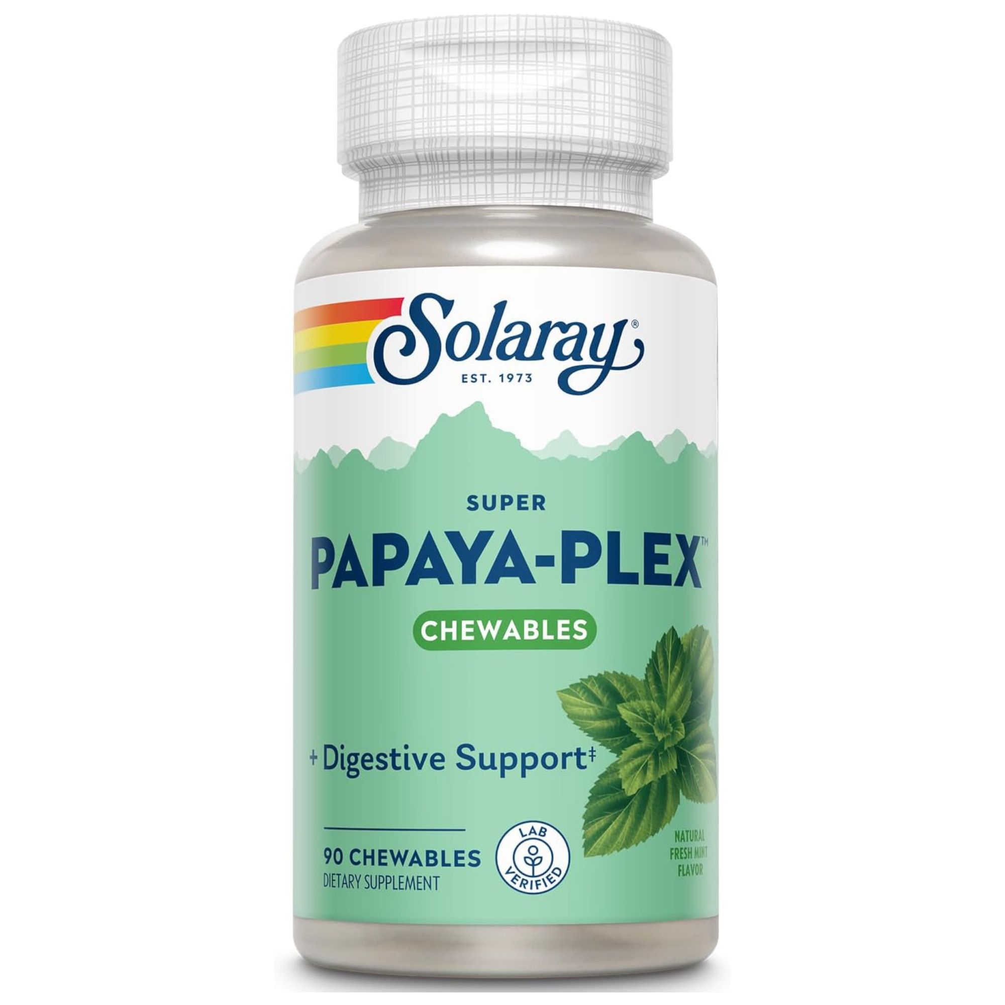 Solaray Papaya-Plex. Weiße Flasche mit grünem Etikett. Text: Super Papaya-Plex Chewables, Digestive Support, 90 Chewables. Lab-Verified-Siegel.