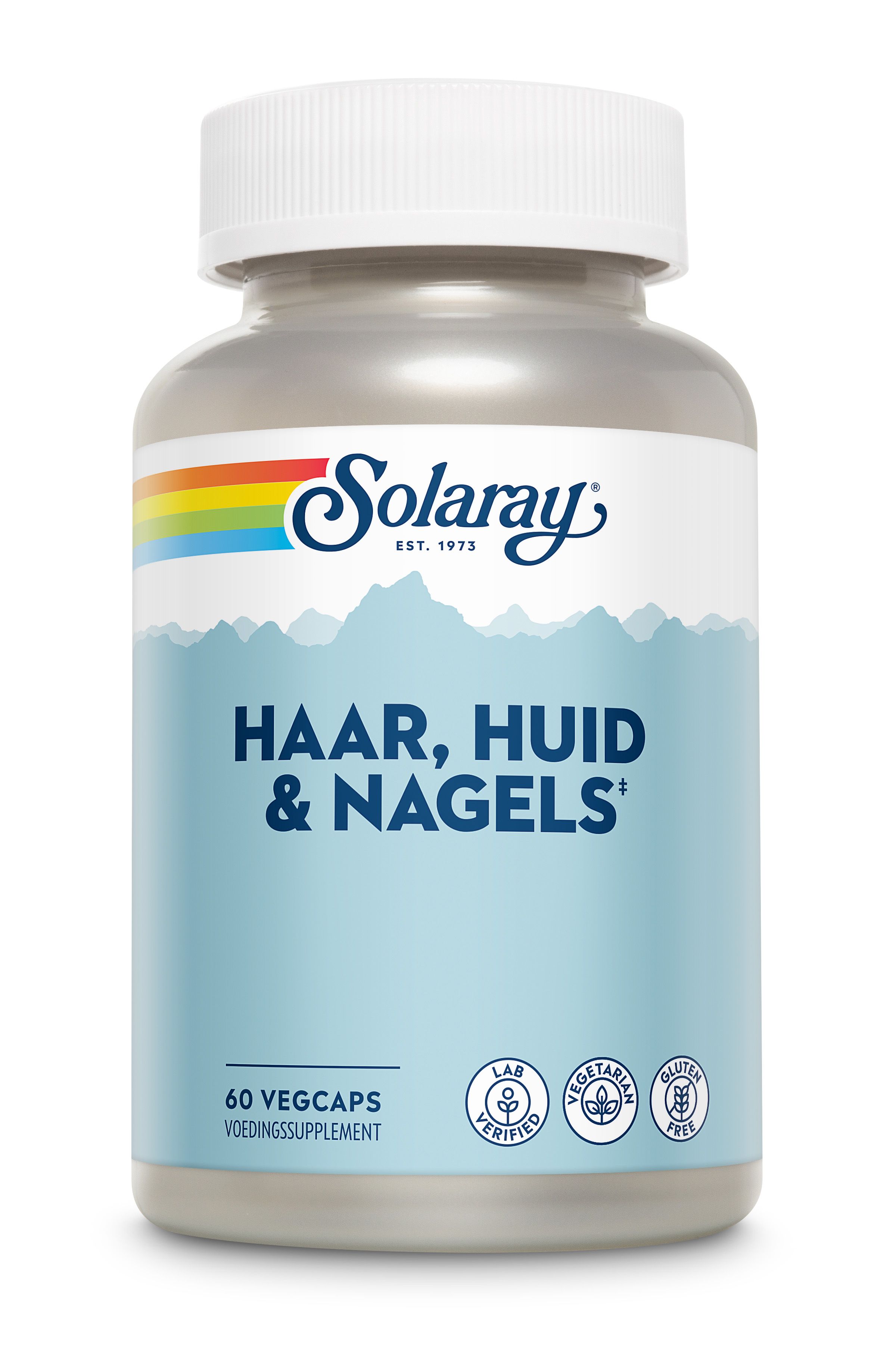 Eine Flasche mit weißem Deckel. Auf dem Etikett steht "Solaray" und "Haar, Huid & Nagels". Es gibt auch Logos für Lab Verified, Vegetarisch und Glutenfrei.