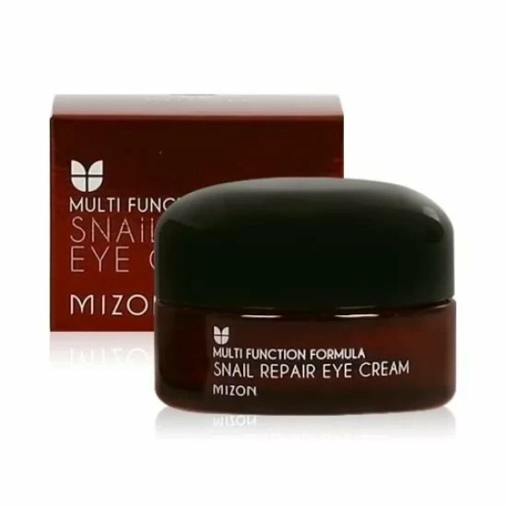 Braune Glasdose mit schwarzem Deckel und Verpackung. Aufschrift: Multi Function Formula Snail Repair Eye Cream MIZON.