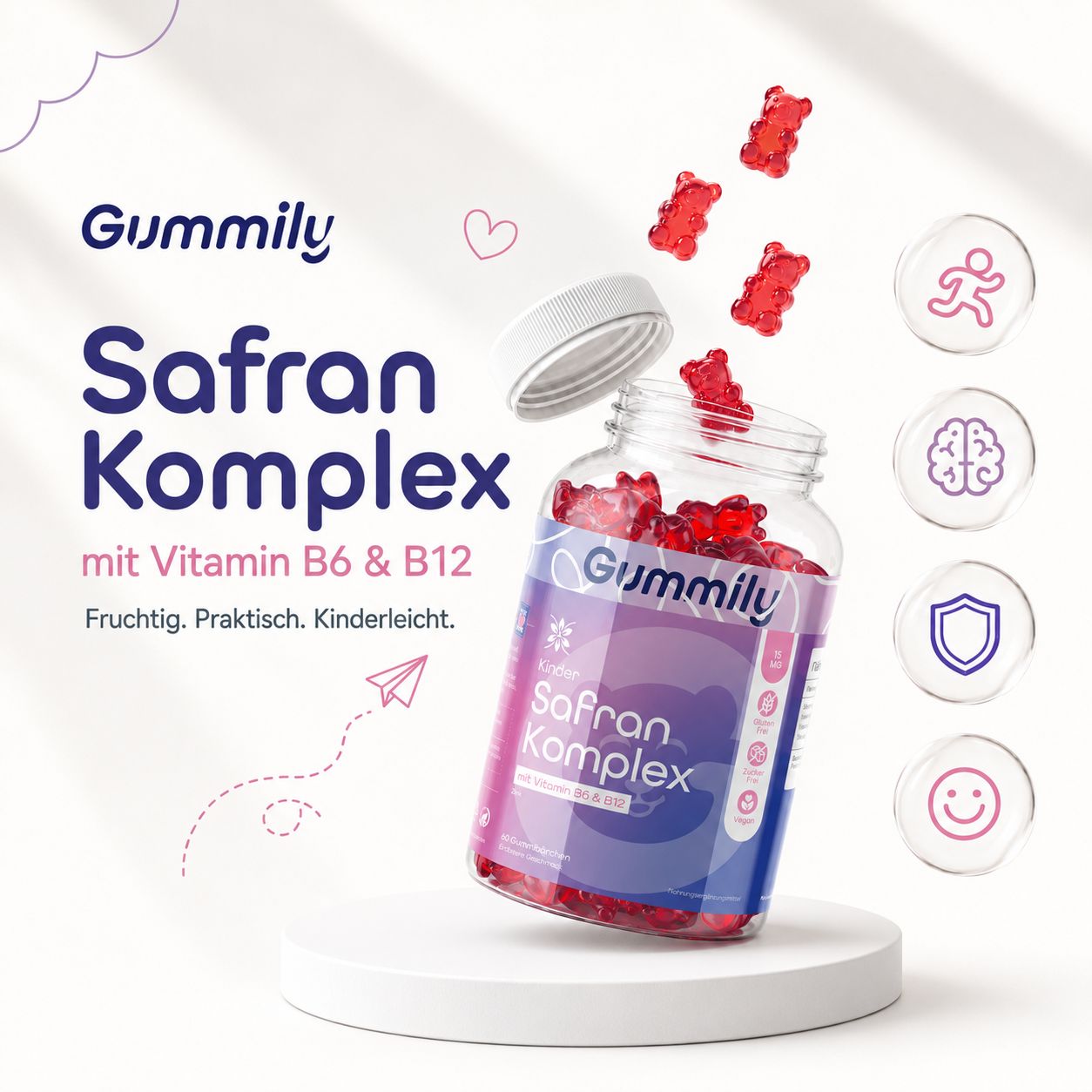 Gummily Safran Komplex Flasche mit roten Gummibärchen, mit Vitamin B6 & B12.