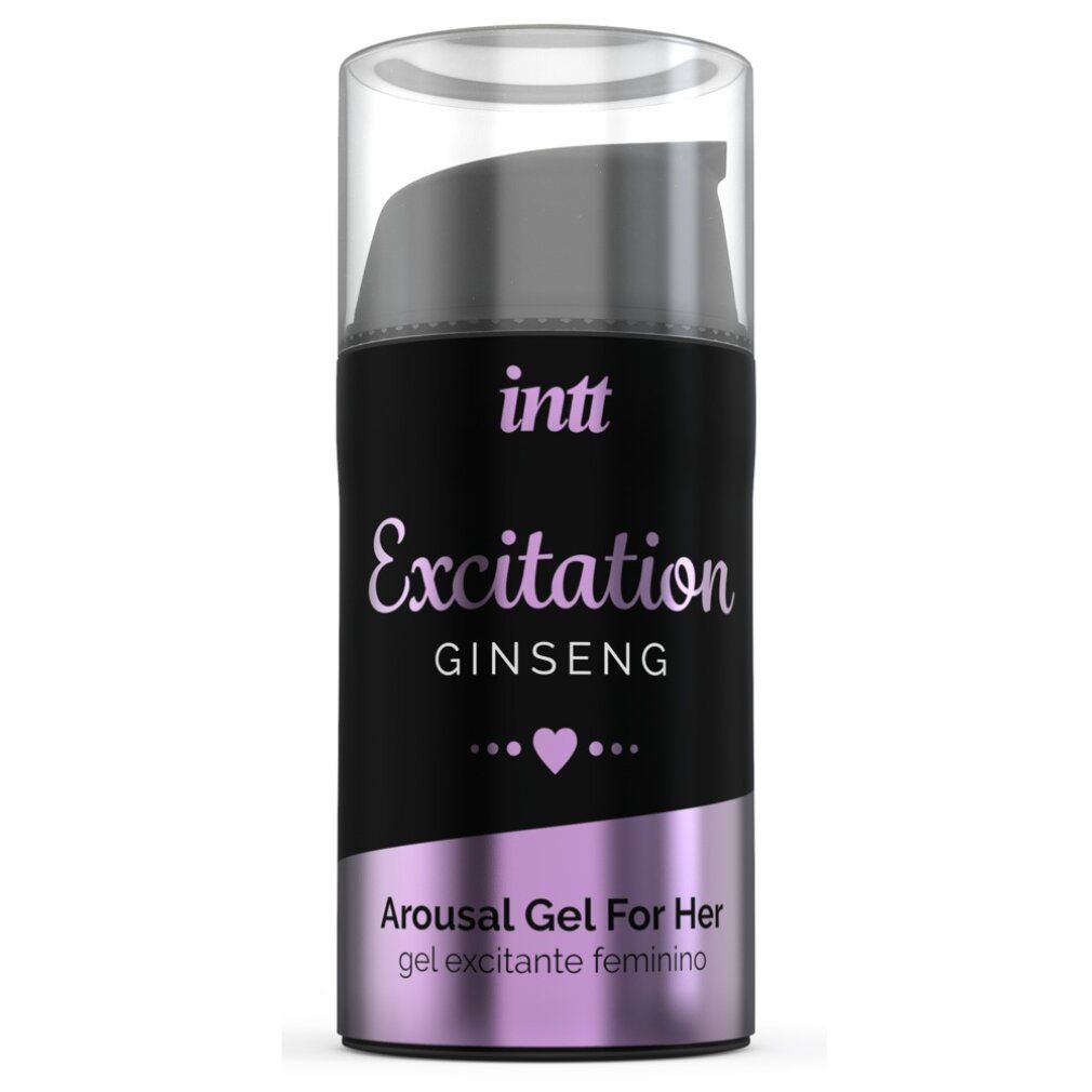 Zylindrische Flasche mit schwarzem Etikett. Aufschrift: intt Excitation GINSENG. Arousal Gel For Her. Mit Dosierpumpe.