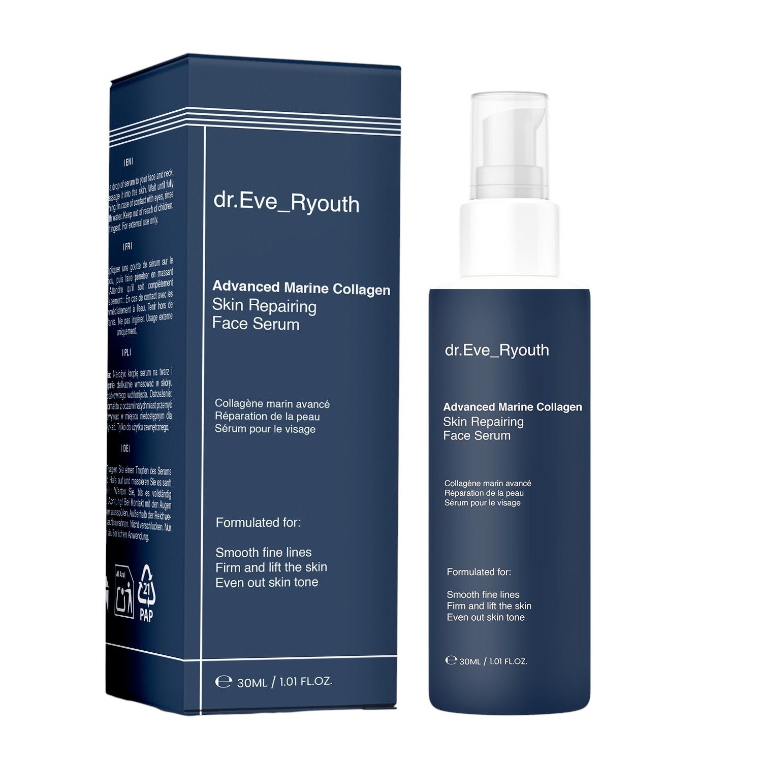 Dunkelblaue Flasche mit weißem Pumpkopf und Karton. Aufschrift: Advanced Marine Collagen Skin Repairing Face Serum.