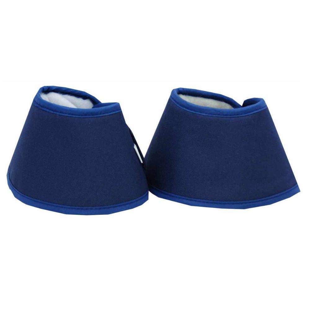 Zwei blaue Hufglocken mit weißem Innenfutter. Blaue Einfassung. Kegelförmig.