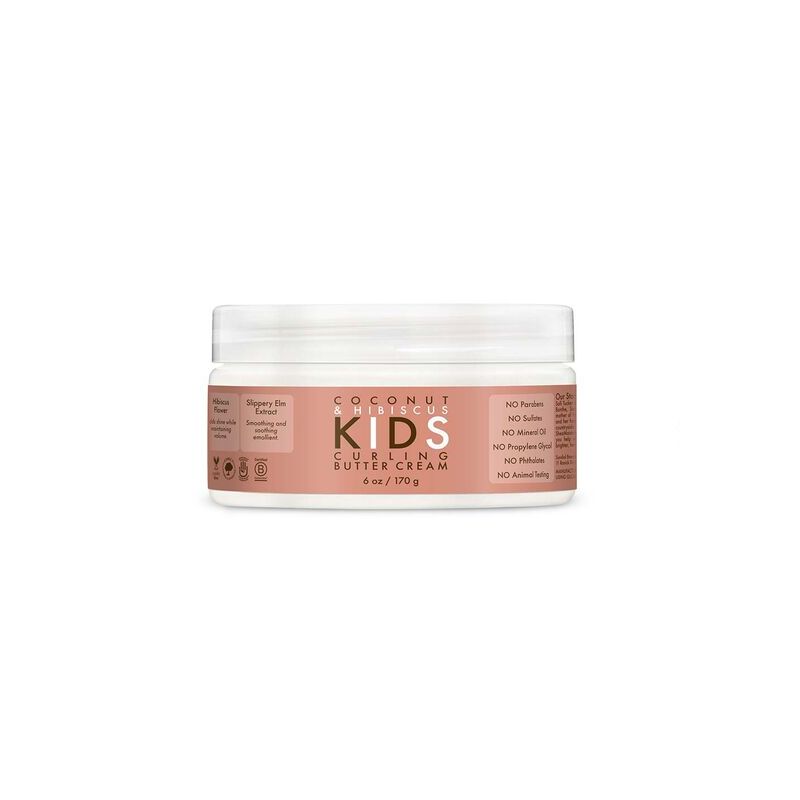 Kinder Locken-Buttercreme in einem weißen Behälter mit rosa Etikett. Enthält Informationen über Inhaltsstoffe und Zertifizierungen.