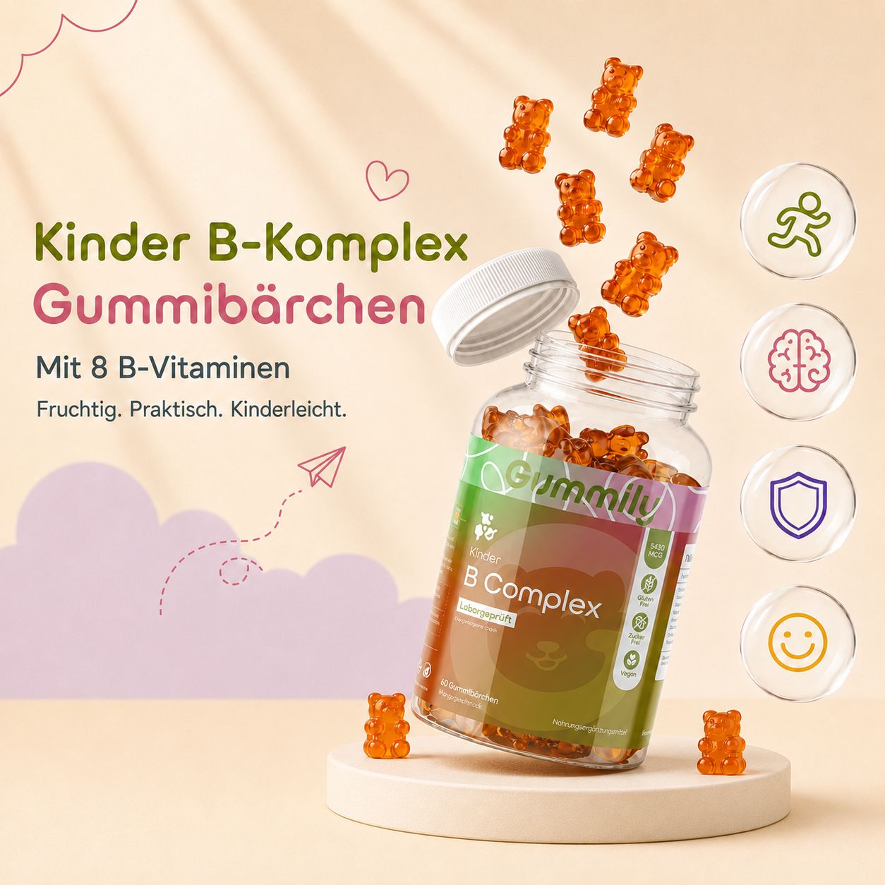 Gummily Kinder B Complex Gummibärchen fliegen aus einem Glas. Icons: Bewegung, Gehirn, Schild, Lächeln.