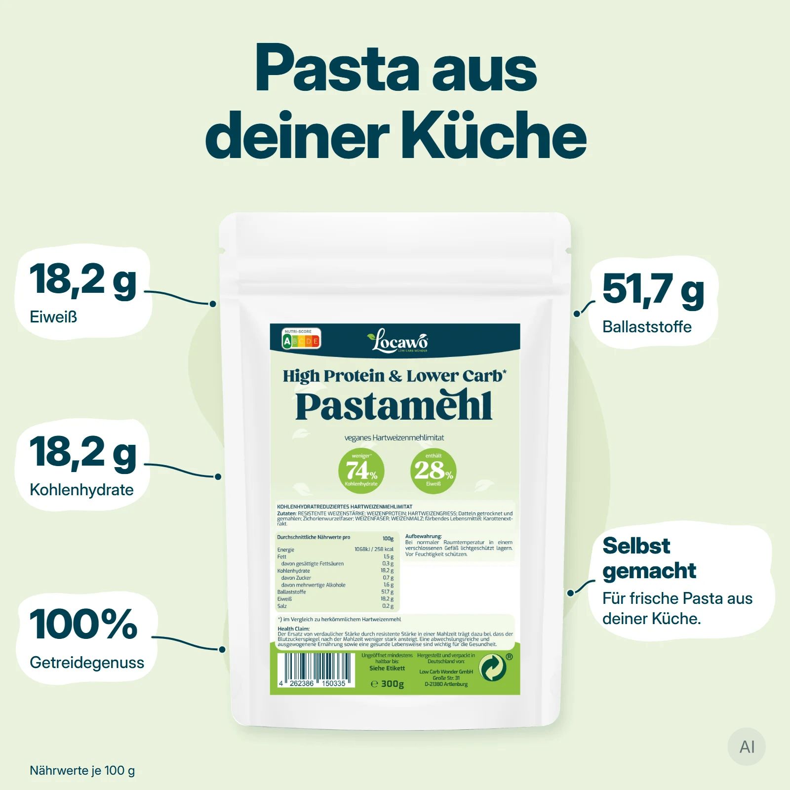 Ein Beutel Locawo High Protein & Lower Carb Allzweckmehl mit Nährwertangaben.