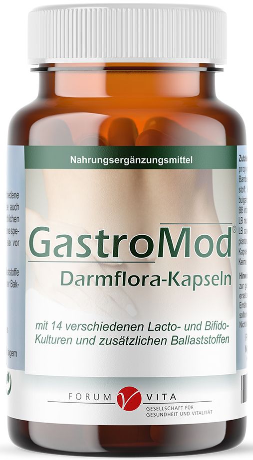 Braune Glasflasche mit weißen Kapseln. Aufschrift: GastroMod Darmflora-Kapseln. Enthält 14 Bakterienstämme und Inulin. Forum Vita Logo.