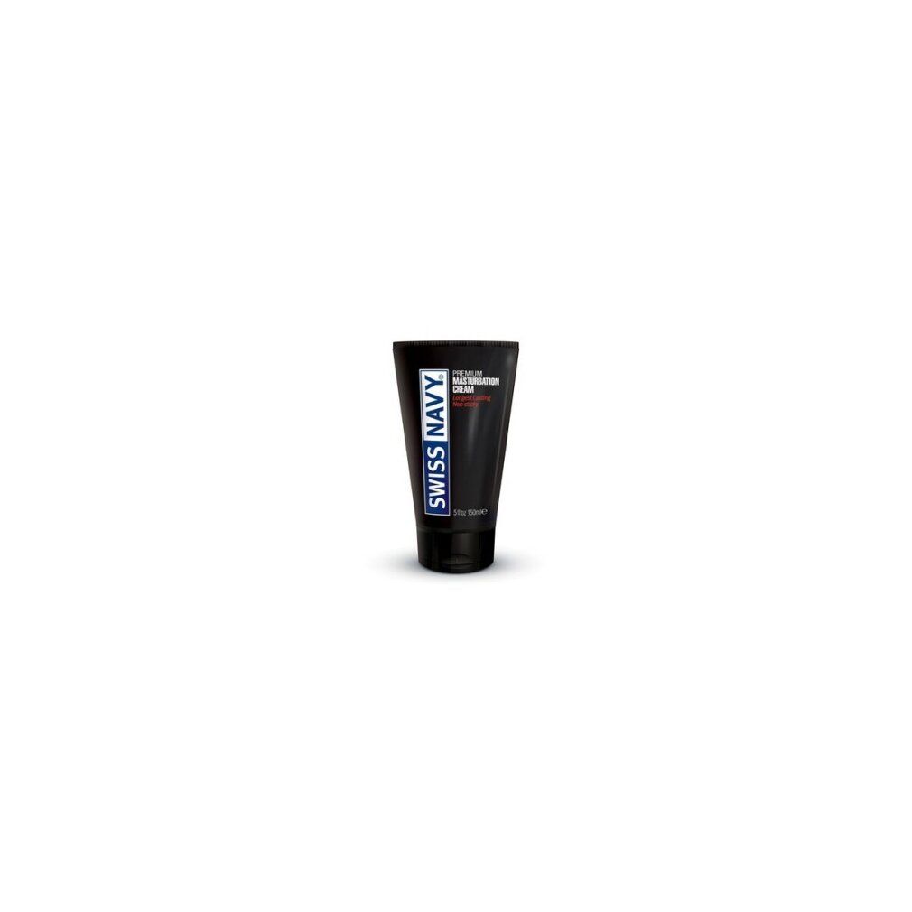 Schwarze Tube mit "SWISS NAVY"-Logo. Text: "PREMIUM MASTURBATION CREAM".  Auf weißem Hintergrund.