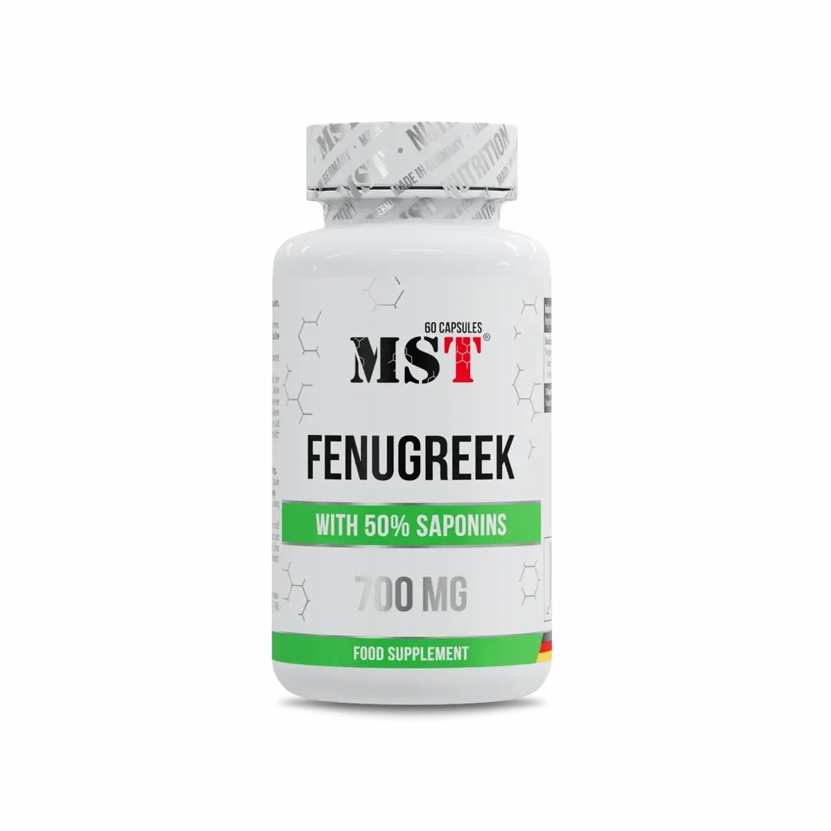 Weiße Flasche mit MST Fenugreek. Grün-weißes Etikett mit Text: Fenugreek, 700 MG, 60 Kapseln. Lebensmittelzusatz.