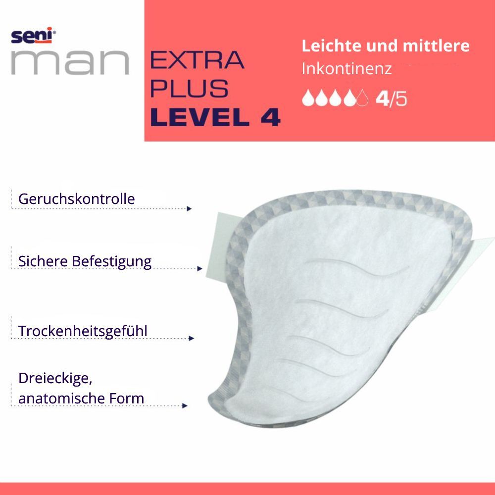 Inkontinenzeinlage mit Produktinformationen. Seni Man Extra Plus Level 4. Anatomische Form. Geruchskontrolle.