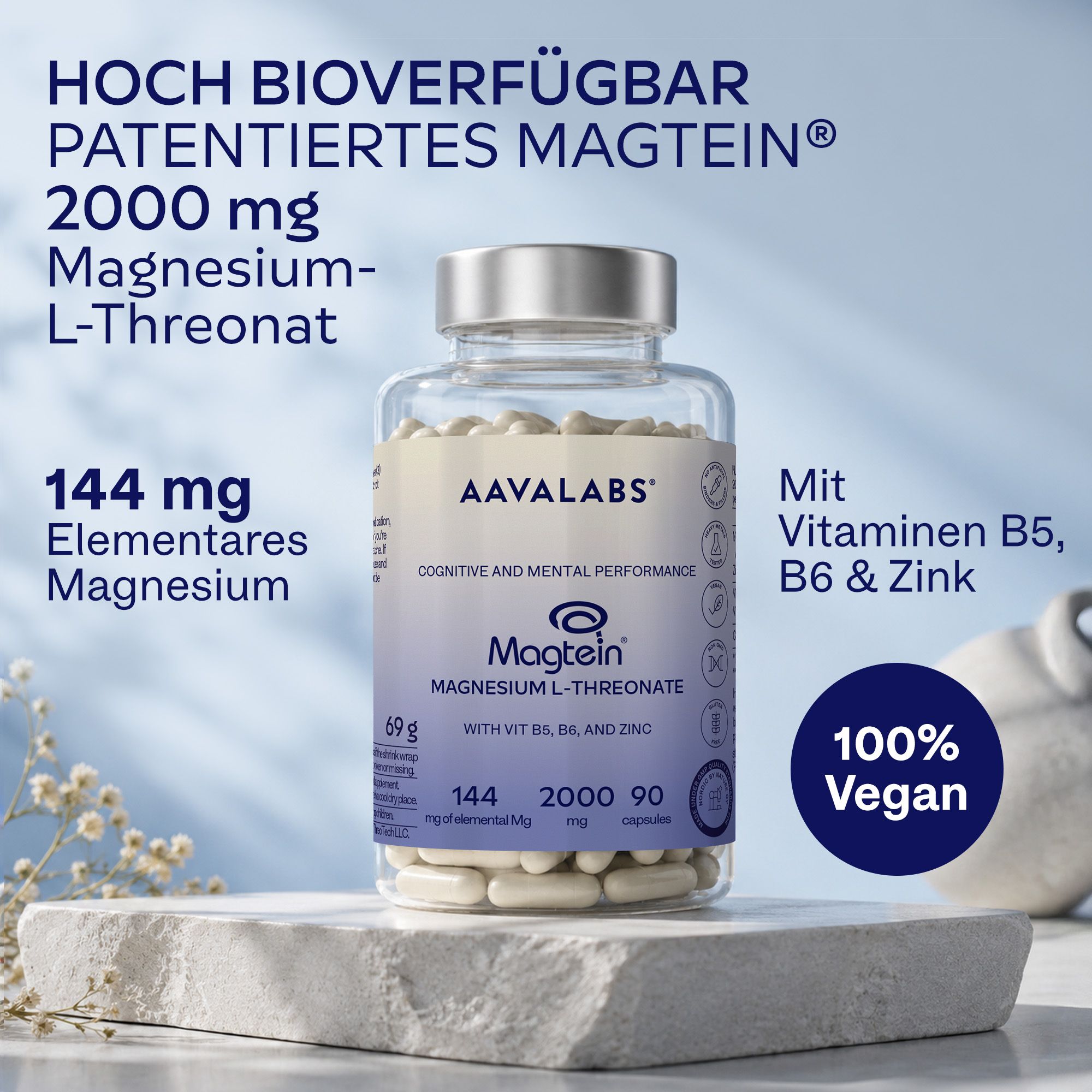 Aavalabs Magnesium L-Threonat Kapseln auf Schale, vegan.