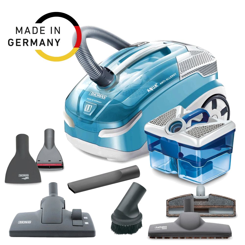 Staubsauger mit Zubehör und 'Made in Germany' Logo. Enthält verschiedene Düsen und Behälter.
