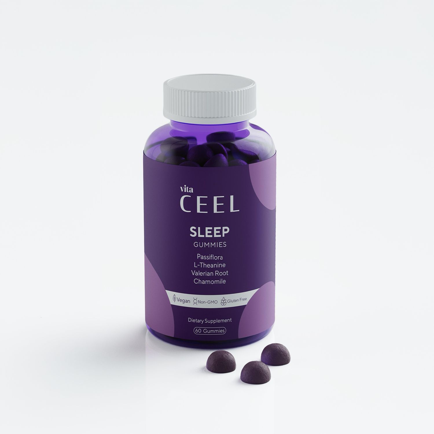 Flasche Vita Ceel Sleep Gummies mit detaillierter Etiketteninformation und drei Gummies.