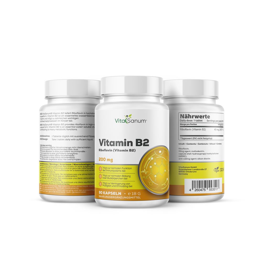 Drei weiße Pillenbehälter mit Etiketten. Aufschrift: VitaSanum Vitamin B2, 200 mg, 90 Kapseln. Gelbes Designelement.