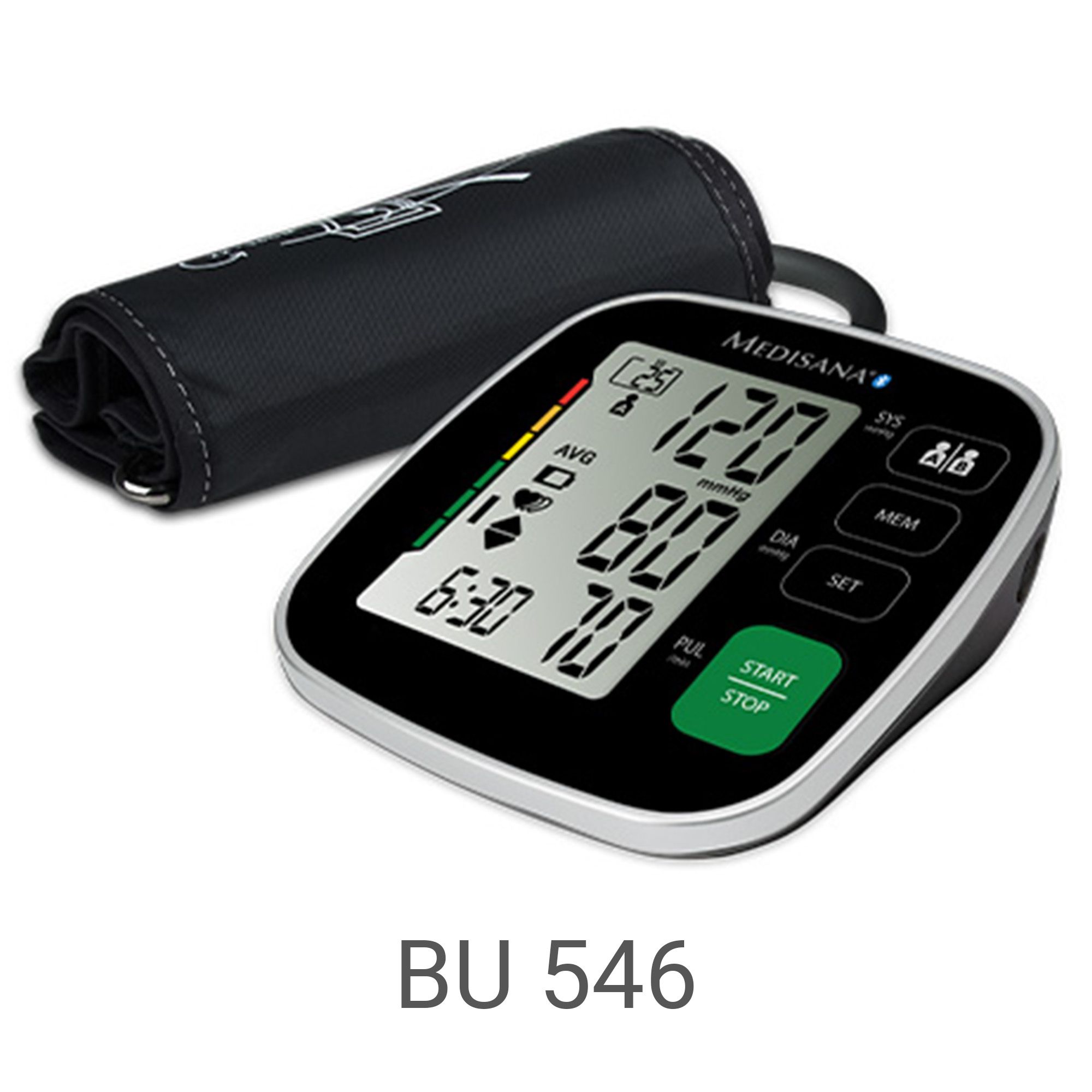 Medisana BU 546 Oberarm-Blutdruckmessgerät mit schwarzem Gehäuse, digitaler Anzeige und Manschette.