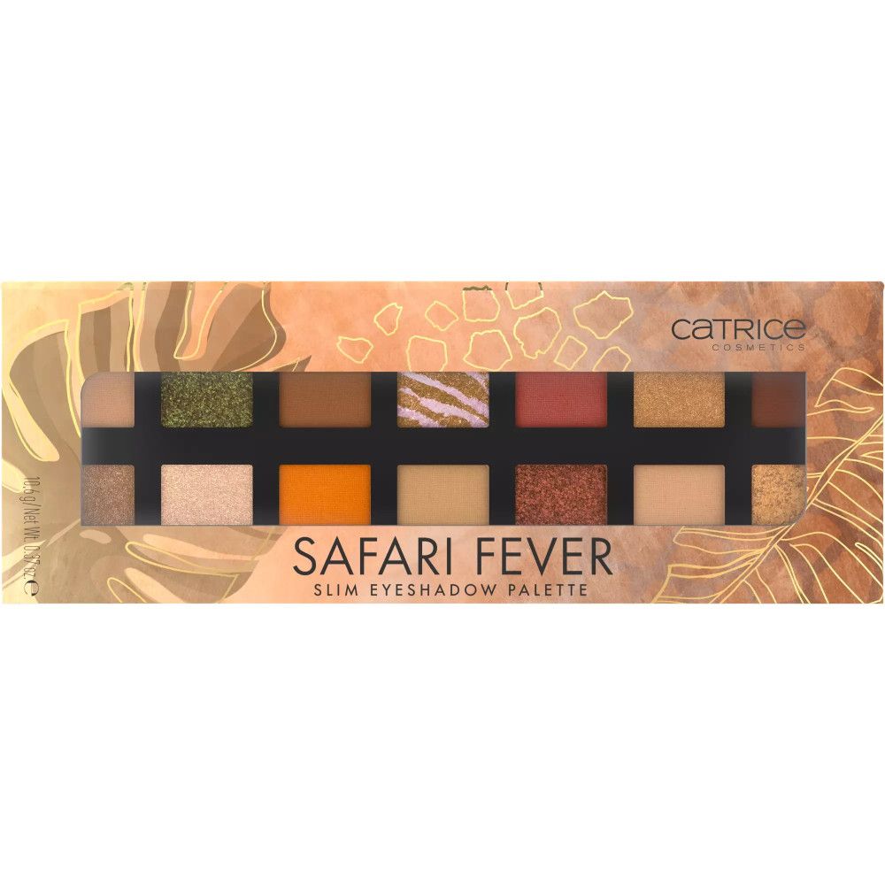 Catrice Safari Fever Slim Lidschattenpalette. 16 Farbtöne in einer rechteckigen Verpackung. Goldfarbenes Design mit Produktnamen.