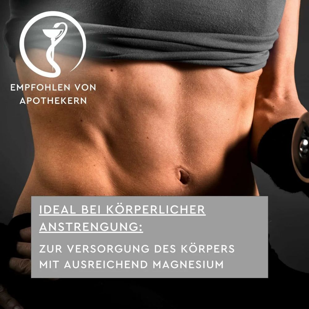 Bauch einer Person mit Muskeln. Text: Ideal bei körperlicher Anstrengung. Zur Versorgung des Körpers mit ausreichend Magnesium.
