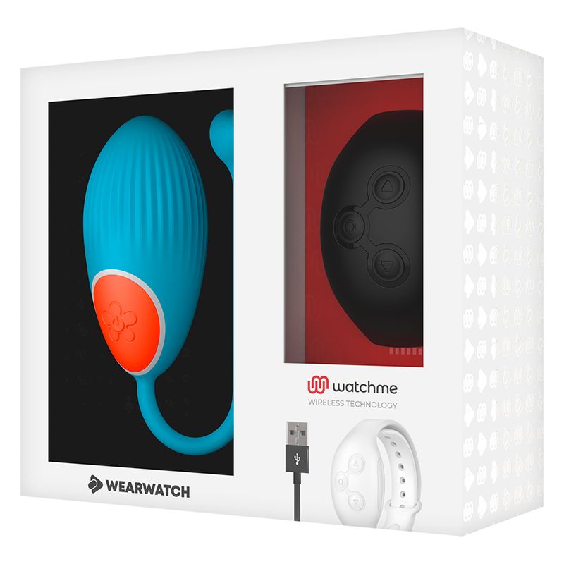 Produktverpackung mit blauem Vibro-Ei, schwarzer Fernbedienung und USB-Kabel. Logo watchme.