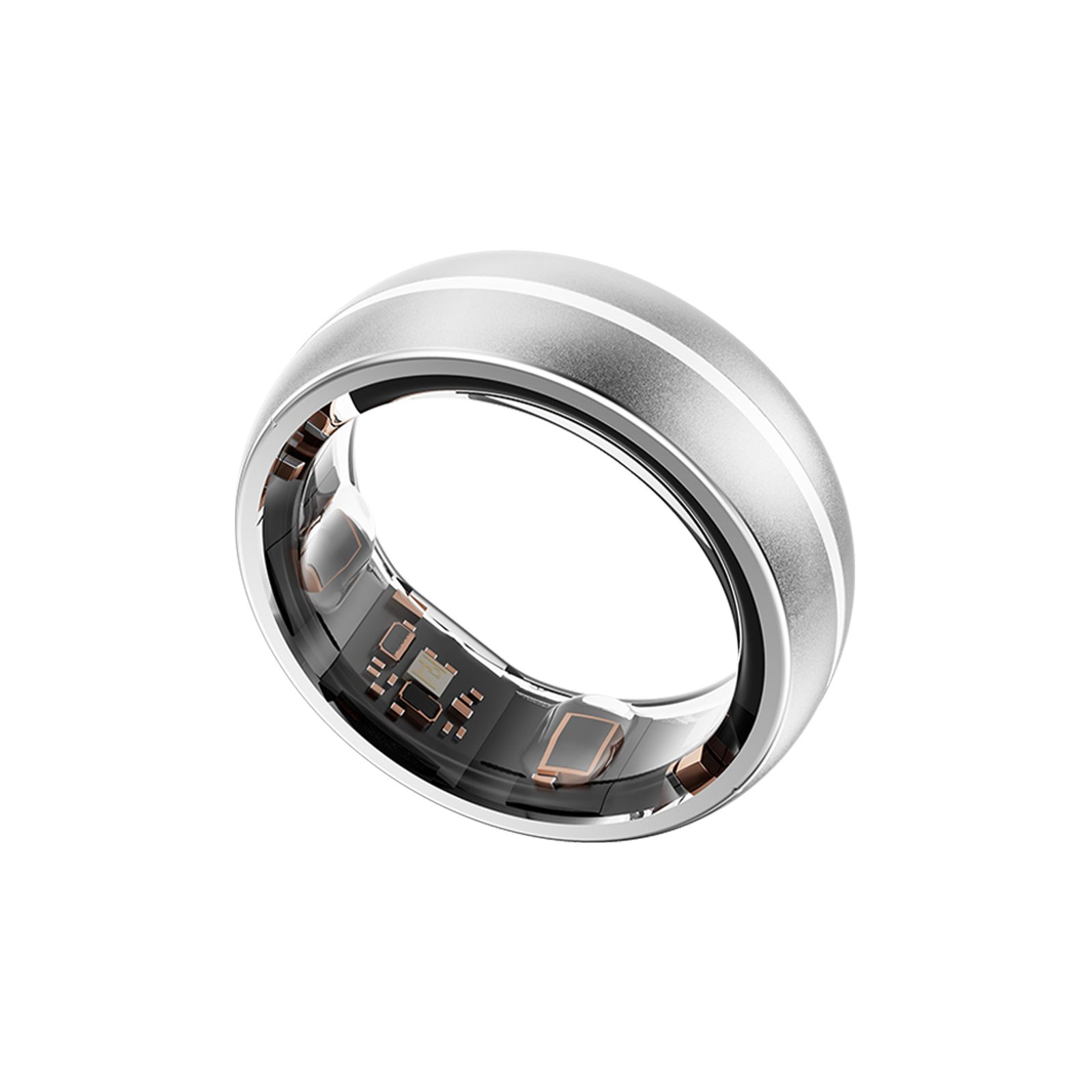 Silberfarbener Ring mit zwei Rillen. Innenliegende Sensoren sichtbar. Der Ring hat eine runde Form.