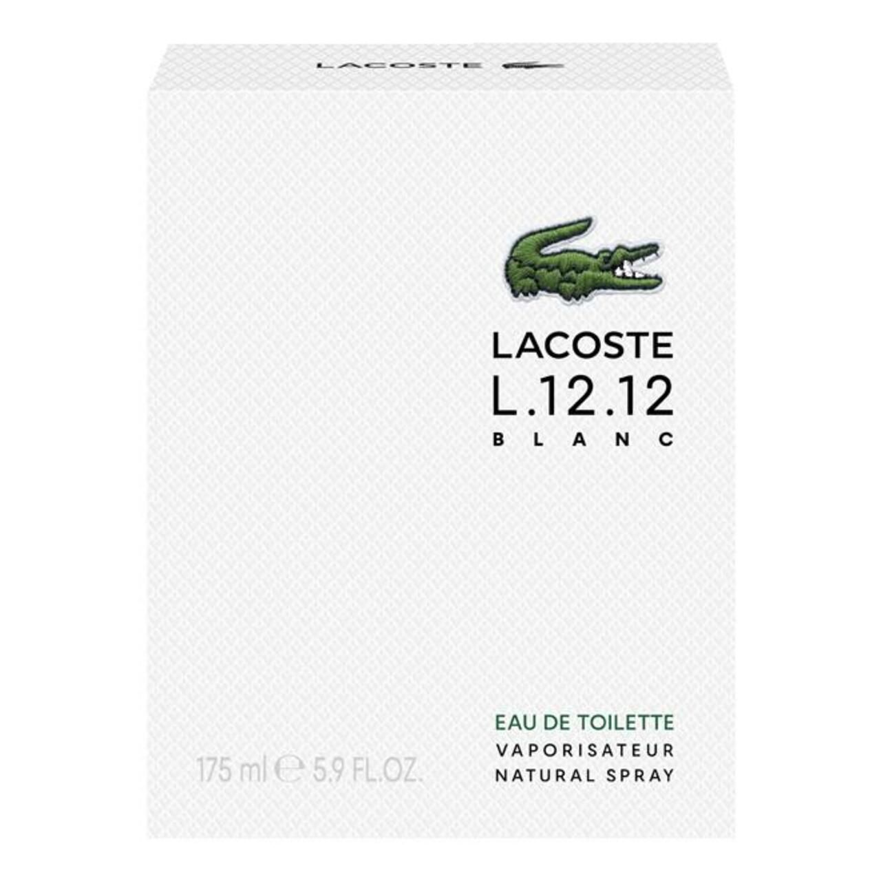 Weiße Verpackung mit grünem Krokodil-Logo. Text: Lacoste L.12.12 Blanc. Text: Eau de Toilette, Natural Spray.