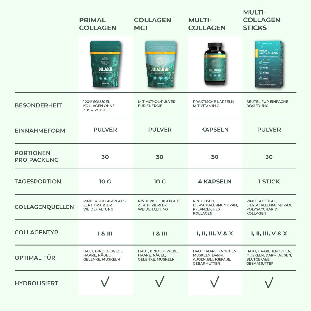 Vergleichstabelle verschiedener Collagen-Produkte. Pulver, Kapseln und Sticks. Informationen zu Inhaltsstoffen und Anwendung.