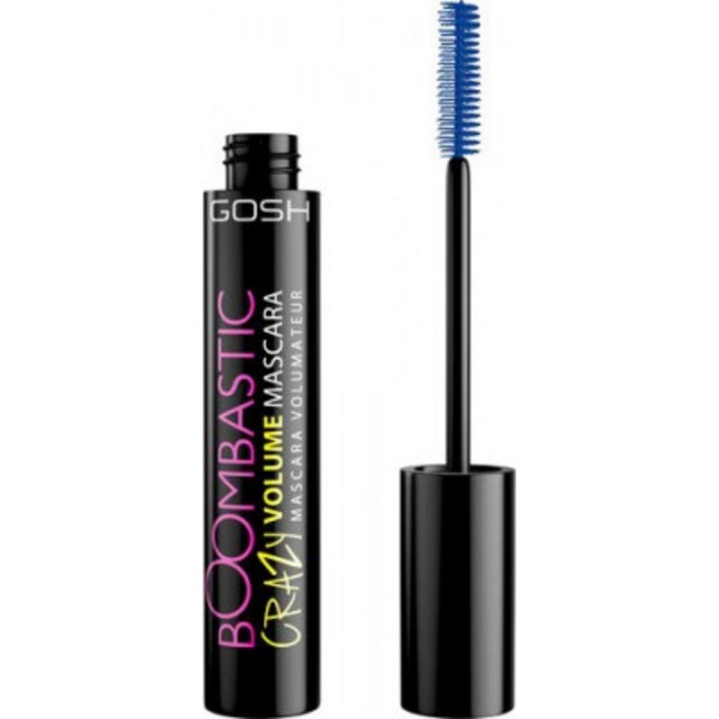 Gosh Boombastic Crazy Volume Mascara in Blau. Schwarzer Behälter mit blauem Applikator.