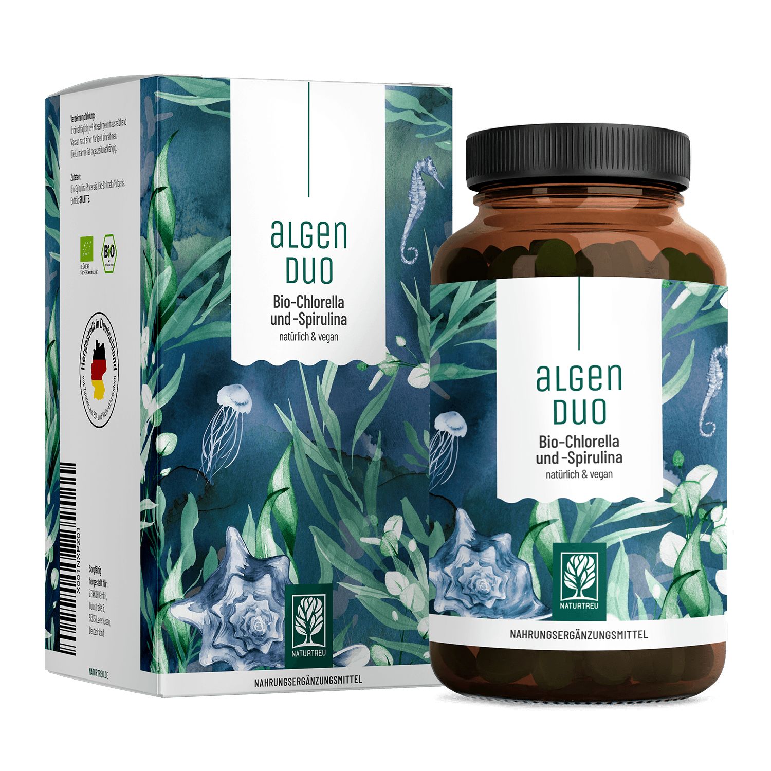 Bio Spirulina Bio Chlorella Komplex Flasche und Karton mit Unterwasser-Motiv.