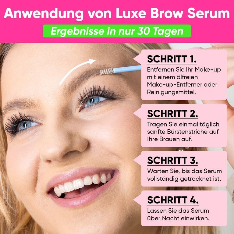 Frau trägt Augenbrauenserum auf. Schritt-für-Schritt-Anleitung für die Anwendung.