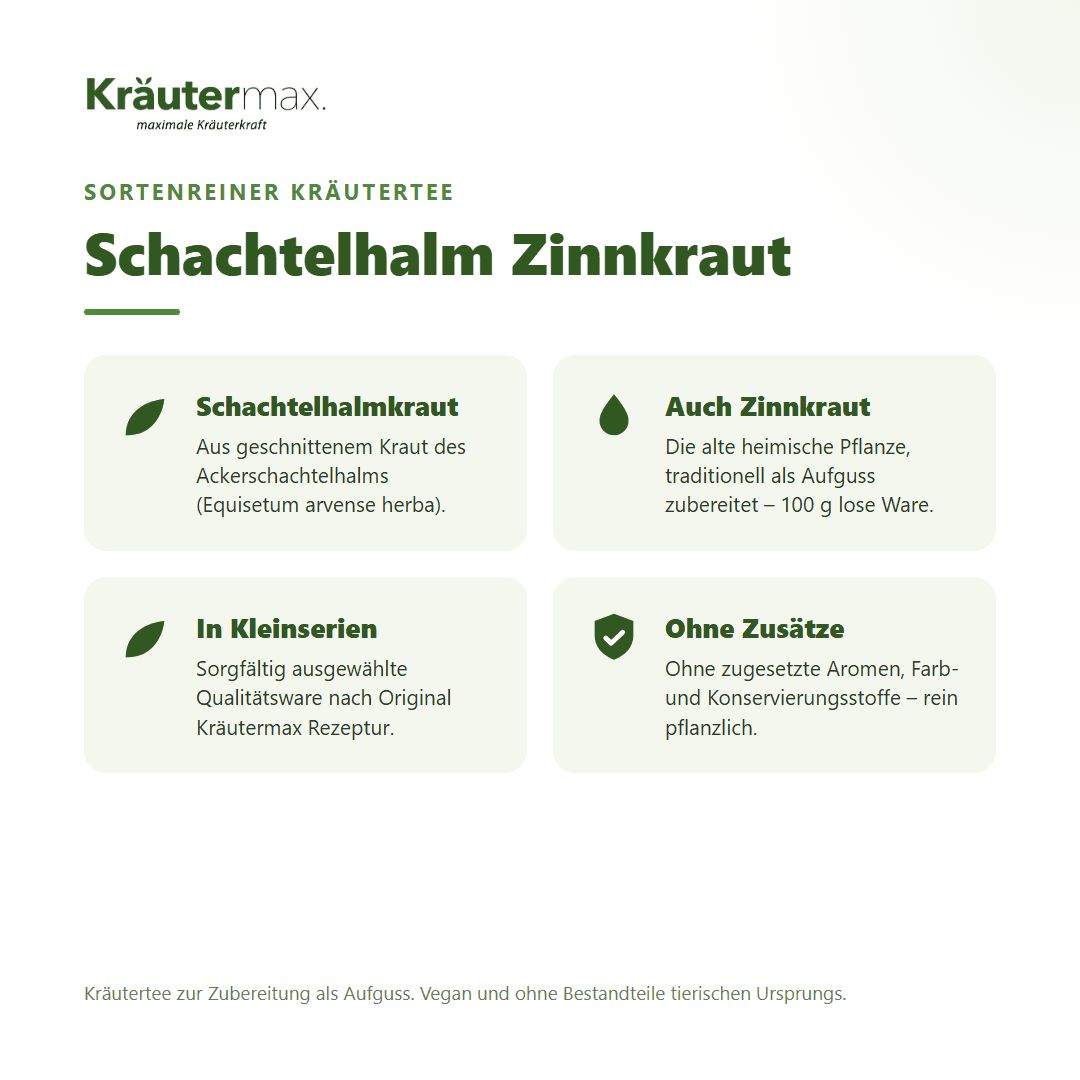 Vier Felder mit Informationen zu Kräutermax Schachtelhalm Tee.