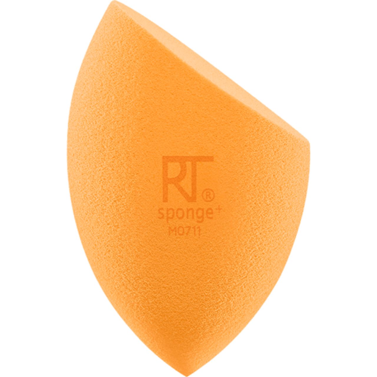 Orangefarbener Make-up-Schwamm mit abgeschrägter Kante. Aufgedrucktes Logo 'RT sponge+'.