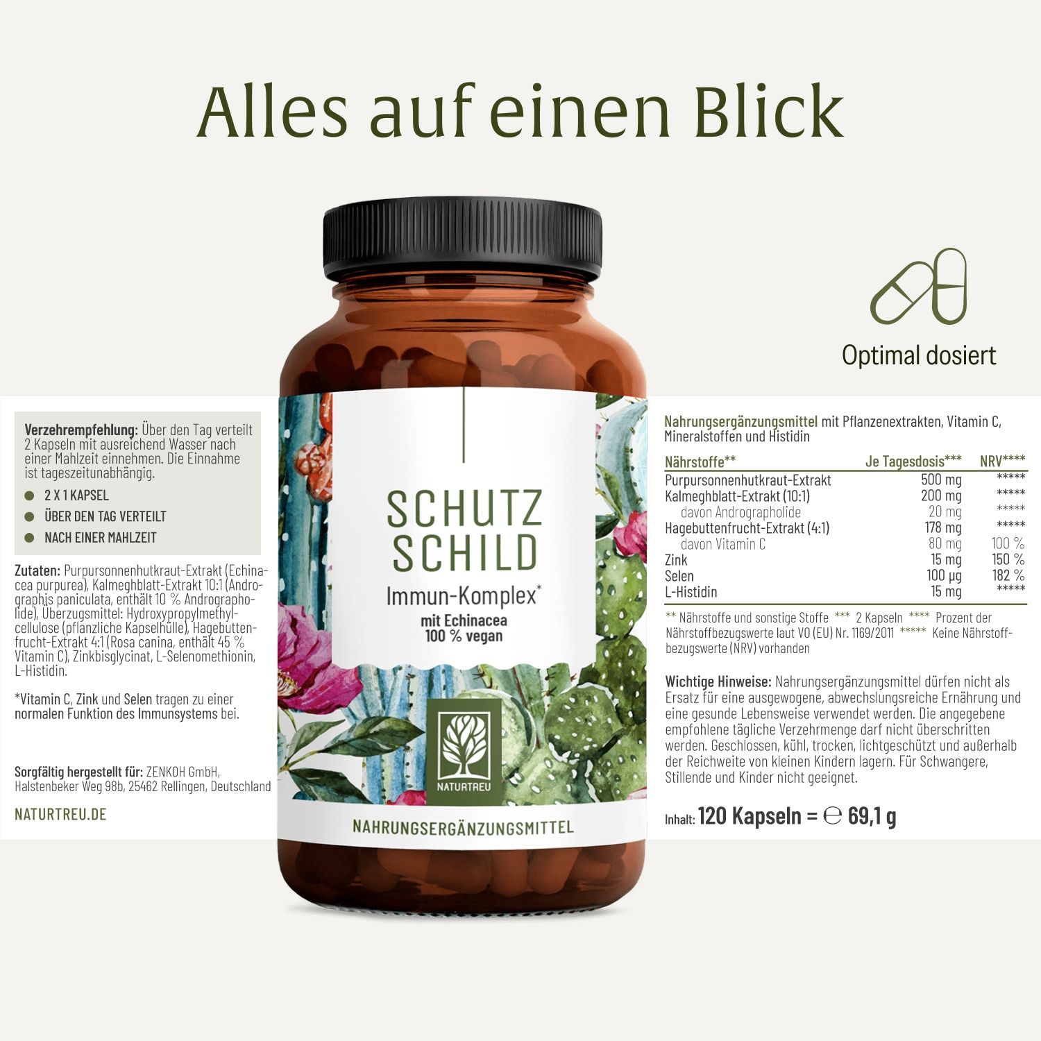 Schutzschild Immun-Komplex Flasche mit detaillierter Nährwerttabelle und Anwendungshinweisen.