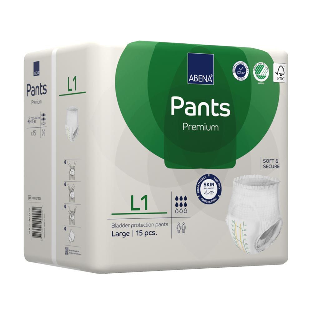 Abena Pants Premium L1 Packung. Grün-weiße Verpackung mit Produktabbildung. Aufdrucke: Abena, Pants, L1, Large, 15 Stück. FSC-Siegel.