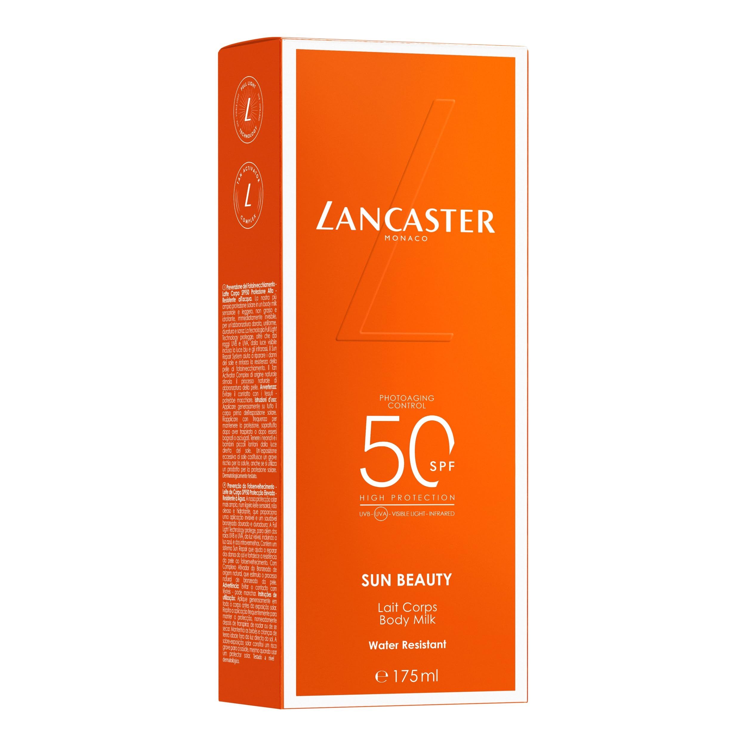 Orangefarbene Verpackung mit Produktnamen und SPF 50. Marke Lancaster. Text: Sun Beauty, Body Milk, Water Resistant, 175ml.