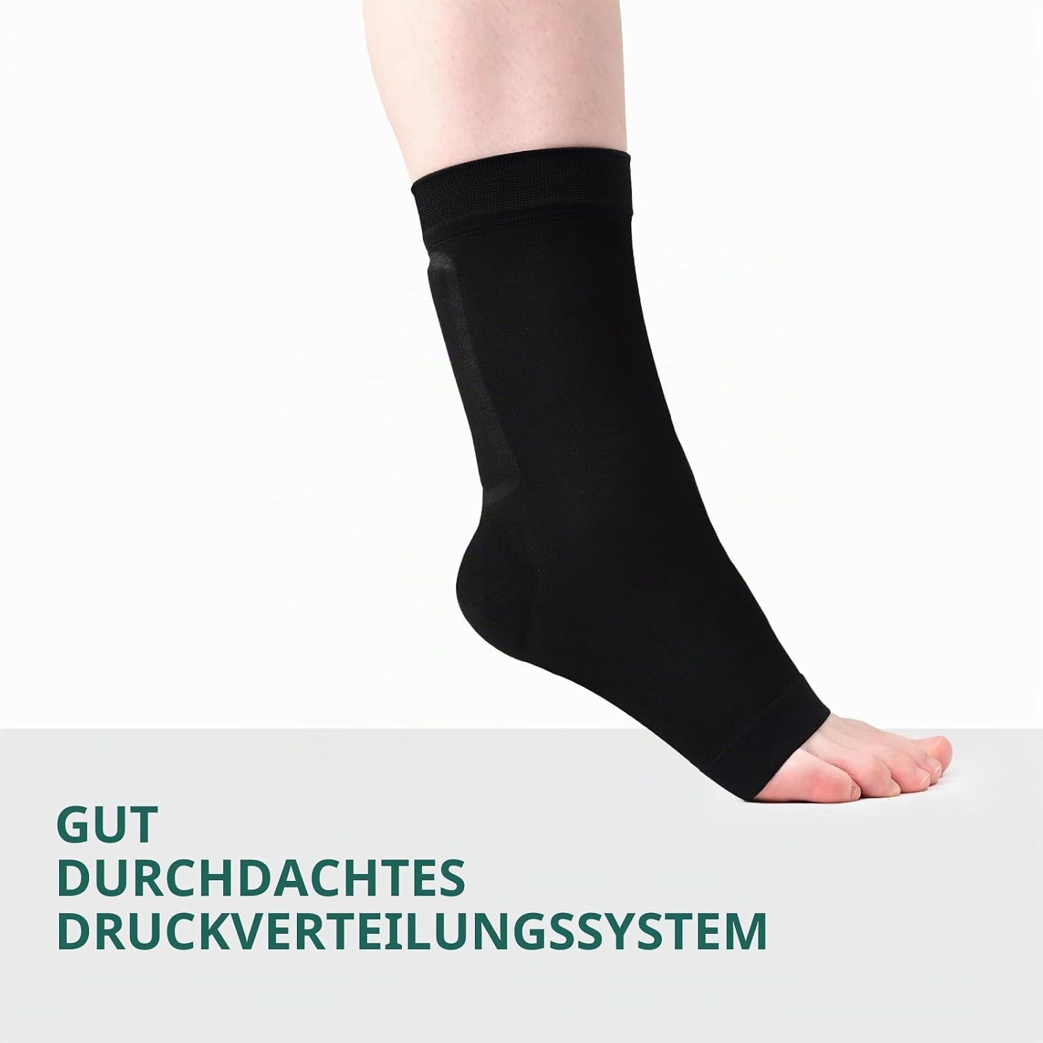 Schwarze Kompressionssocke für den Knöchel, mit Druckverteilungssystem.