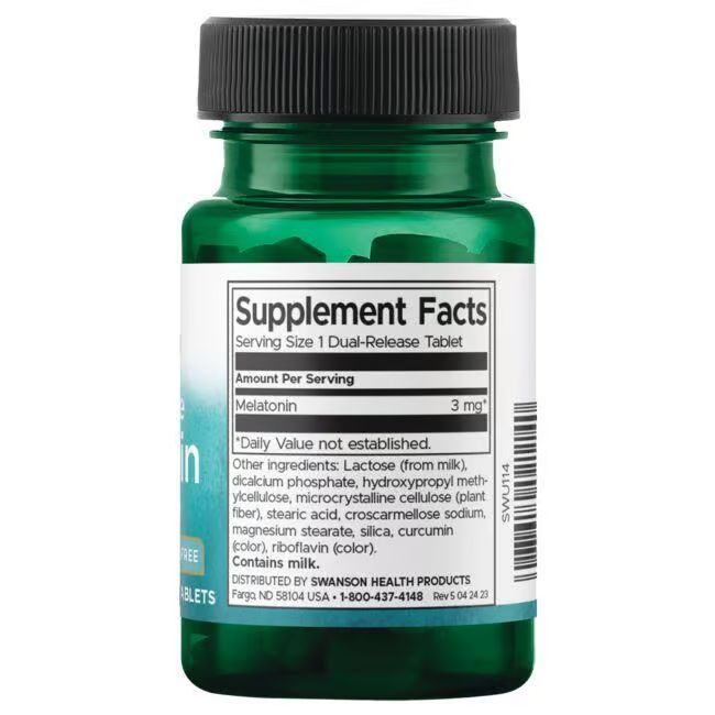 Rückseite der grünen Flasche. Weißes Etikett mit Nährwertangaben und Inhaltsstoffen. Text: SWANSON Health Products.