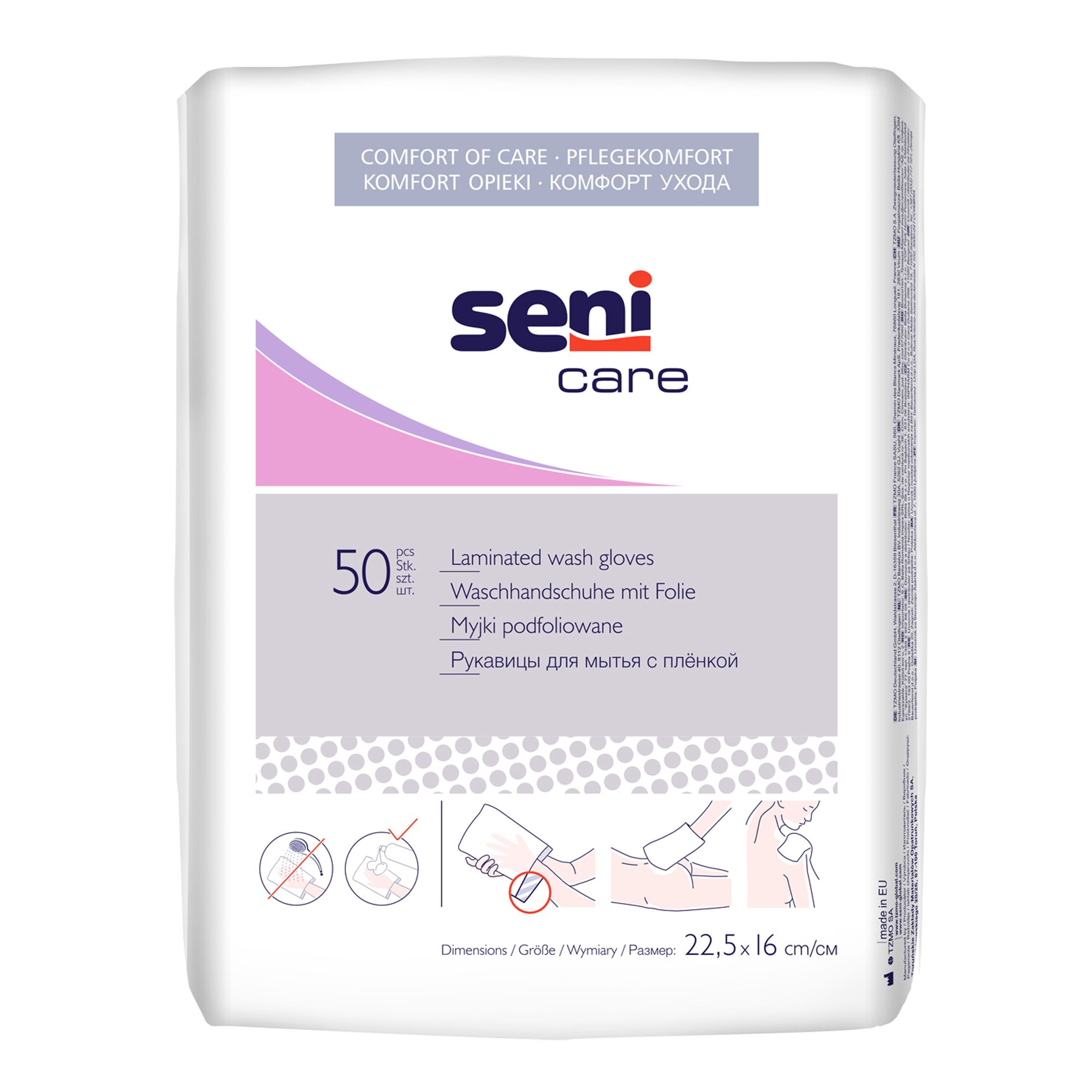 Verpackung mit 50 Waschhandschuhen mit Folie. Marke Seni Care. Abmessungen 22,5 x 16 cm.