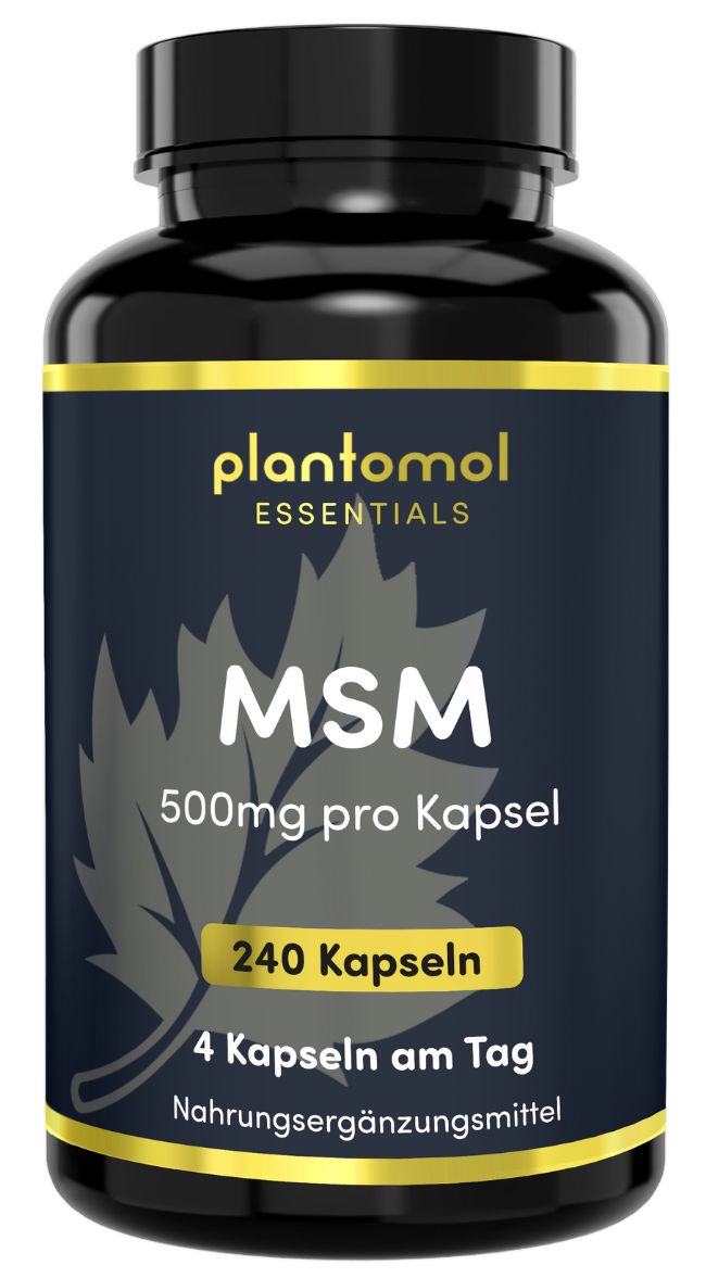 Dunkle Flasche mit gelbem Etikett. Aufschrift: plantomol essentials, MSM, 500mg pro Kapsel, 240 Kapseln. Nahrungsergänzungsmittel.