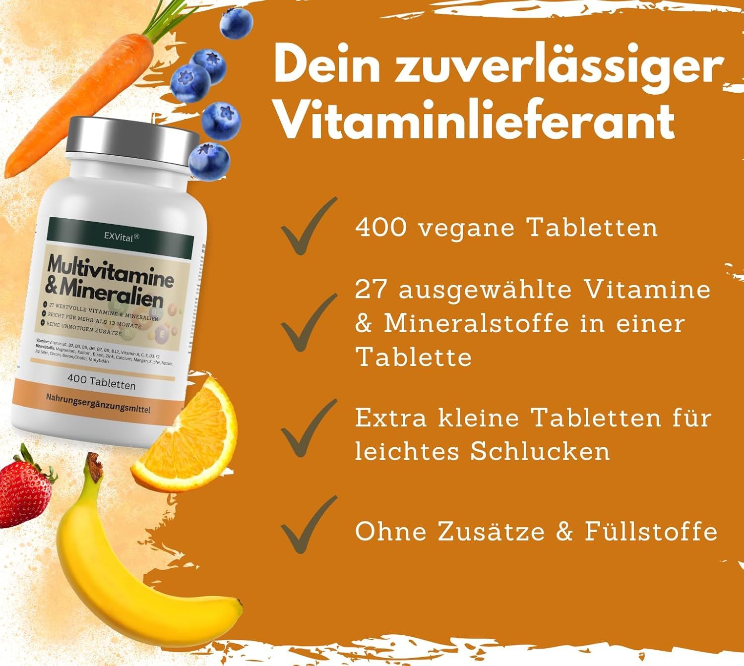 Flasche mit Tabletten, Karotte, Blaubeeren, Orange, Erdbeere, Banane. Text: 400 vegane Tabletten, 27 Vitamine, ohne Zusätze.