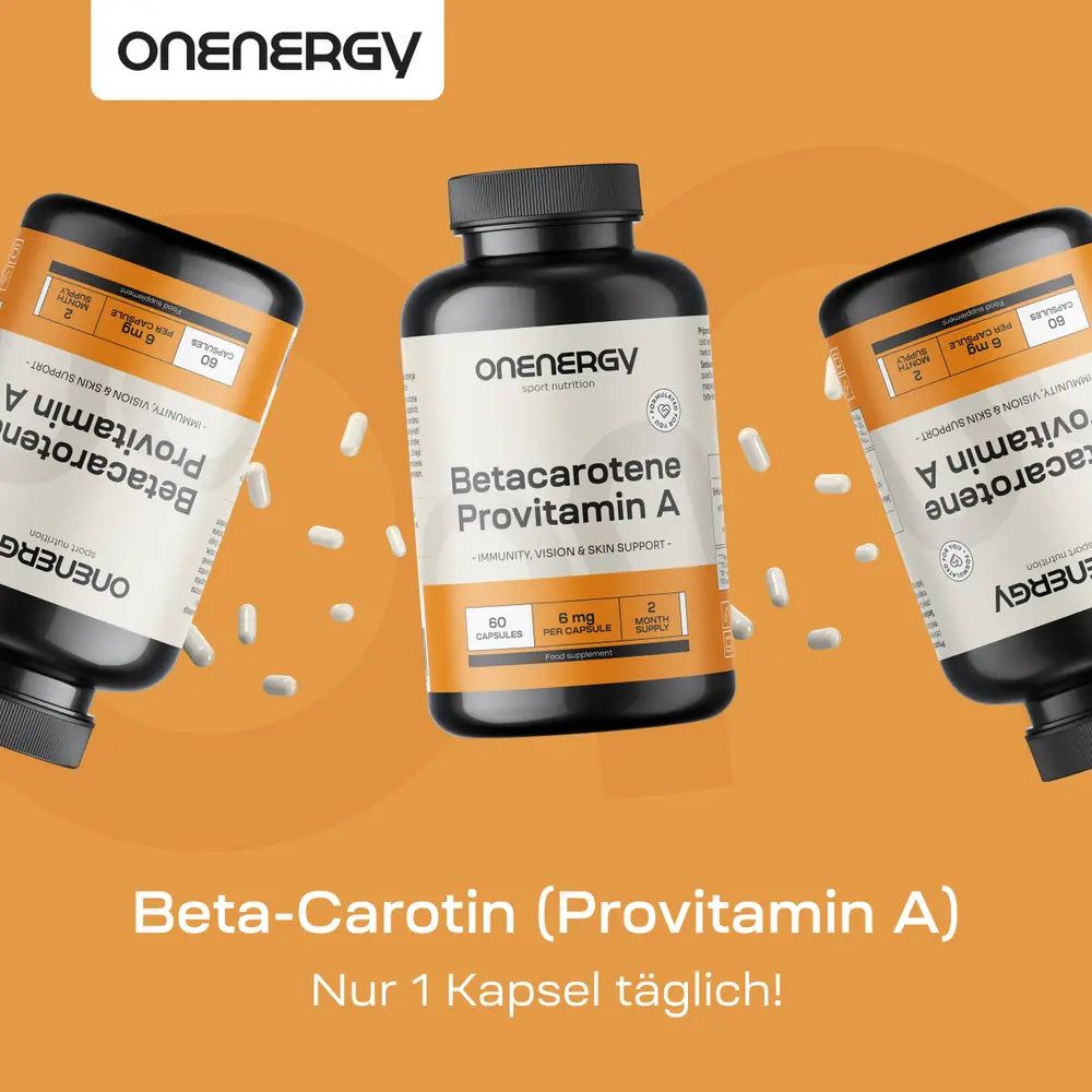 Drei Dosen OnEnergy Betacaroten (Provitamin A) auf orangem Hintergrund.