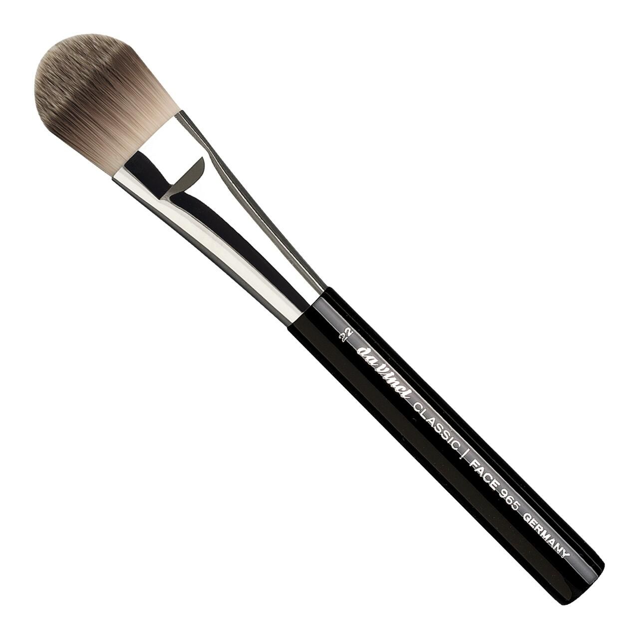 Foundationpinsel mit schwarzem Griff, silberner Zwinge und hellem Pinselkopf. Auf dem Griff steht "da Vinci CLASSIC FACE 965 GERMANY".