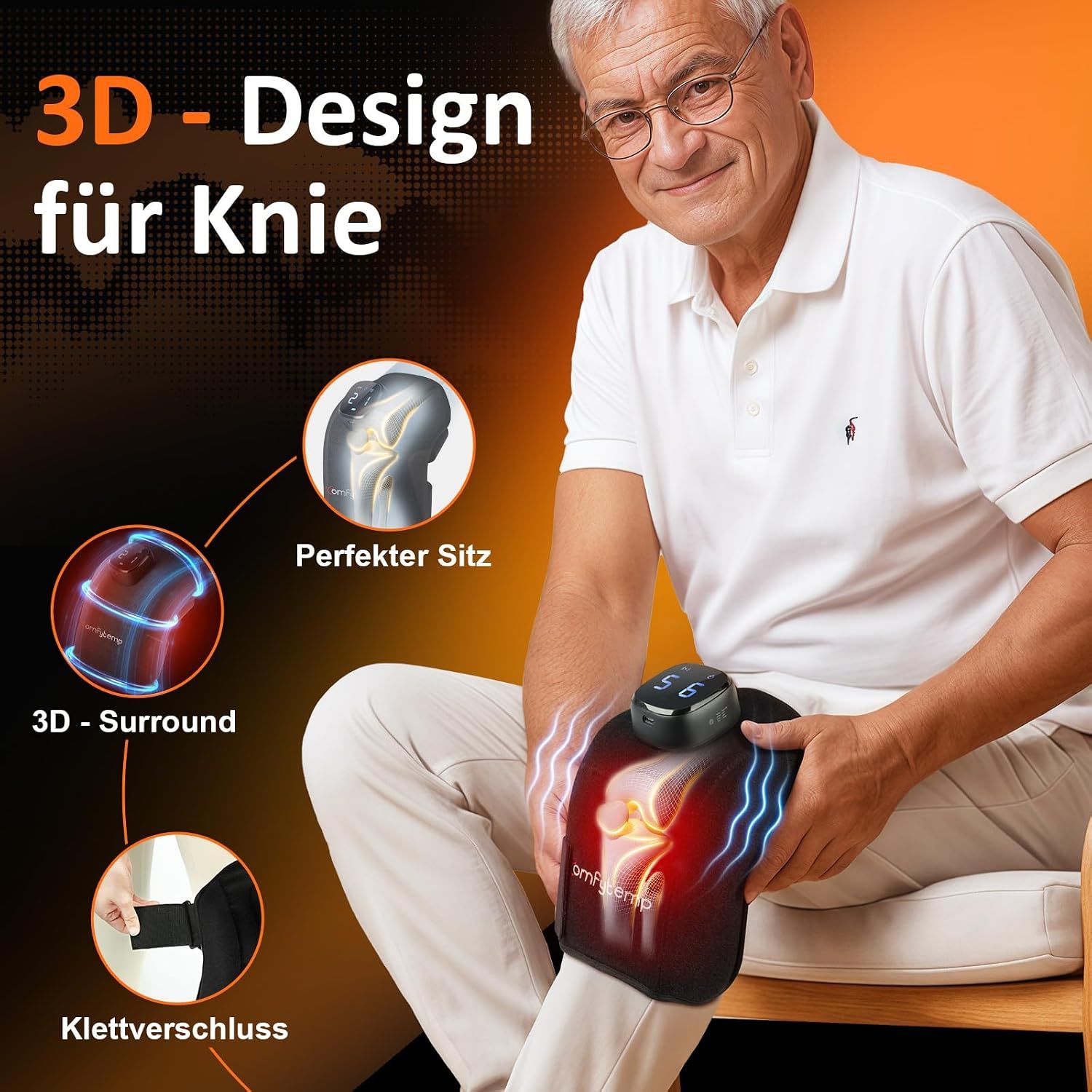Älterer Mann mit Kniebandage, 3D-Design für perfekten Sitz und Klettverschluss.